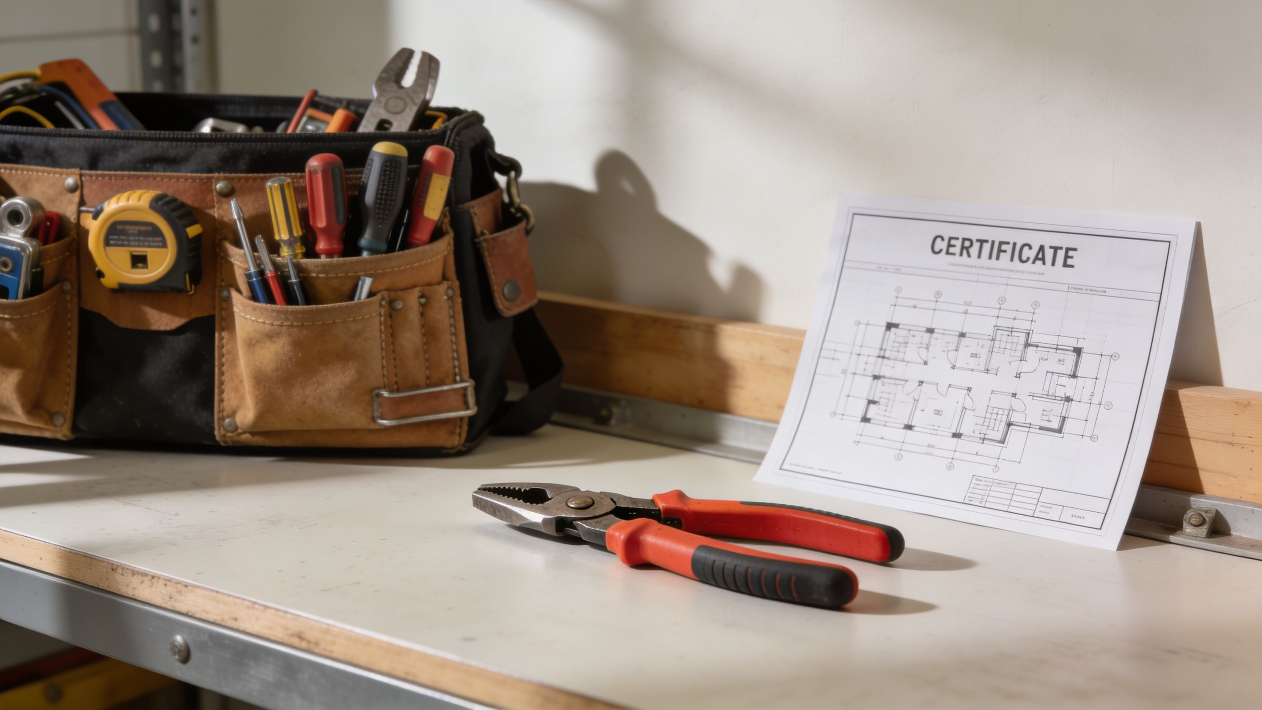 A Tool Bag With Various Hand Tools And A Floor Plan Certificate On A Workbench.