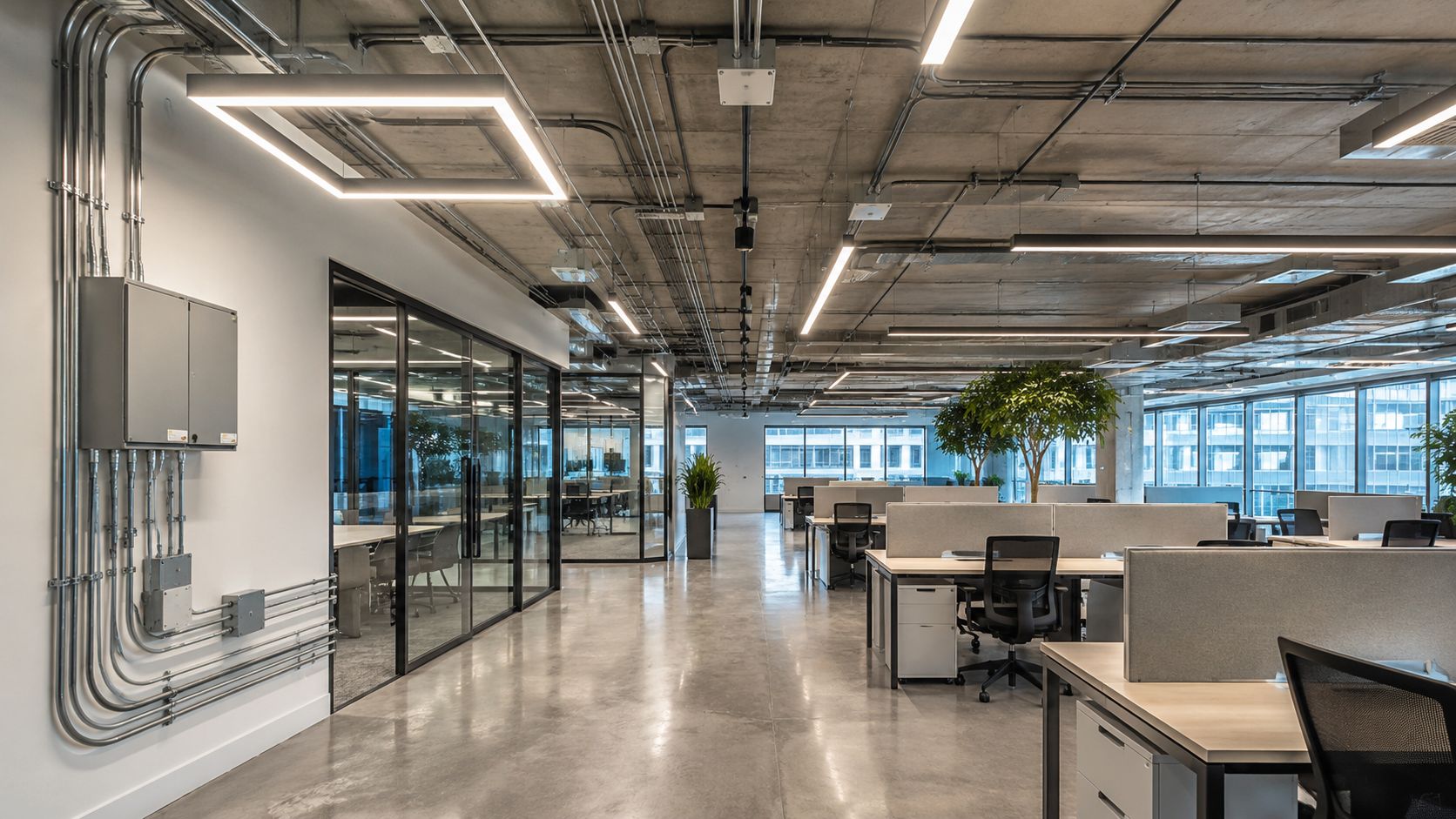Your Guide To A Commercial Electrical Contractor In Brisbane 2 A Modern, Open-Plan Office Workspace Featuring Industrial Design Elements And Exposed Ceiling Electrical Conduit Installations.