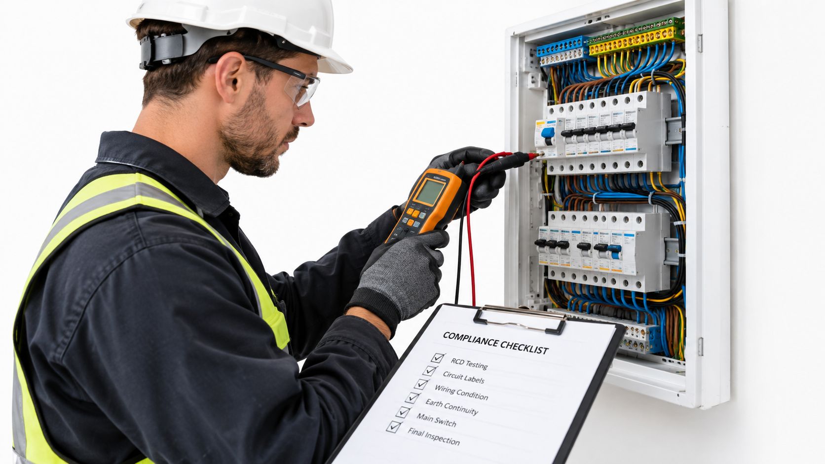 An Electrician In Safety Gear Uses A Multimeter To Inspect An Electrical Distribution Board For Compliance.