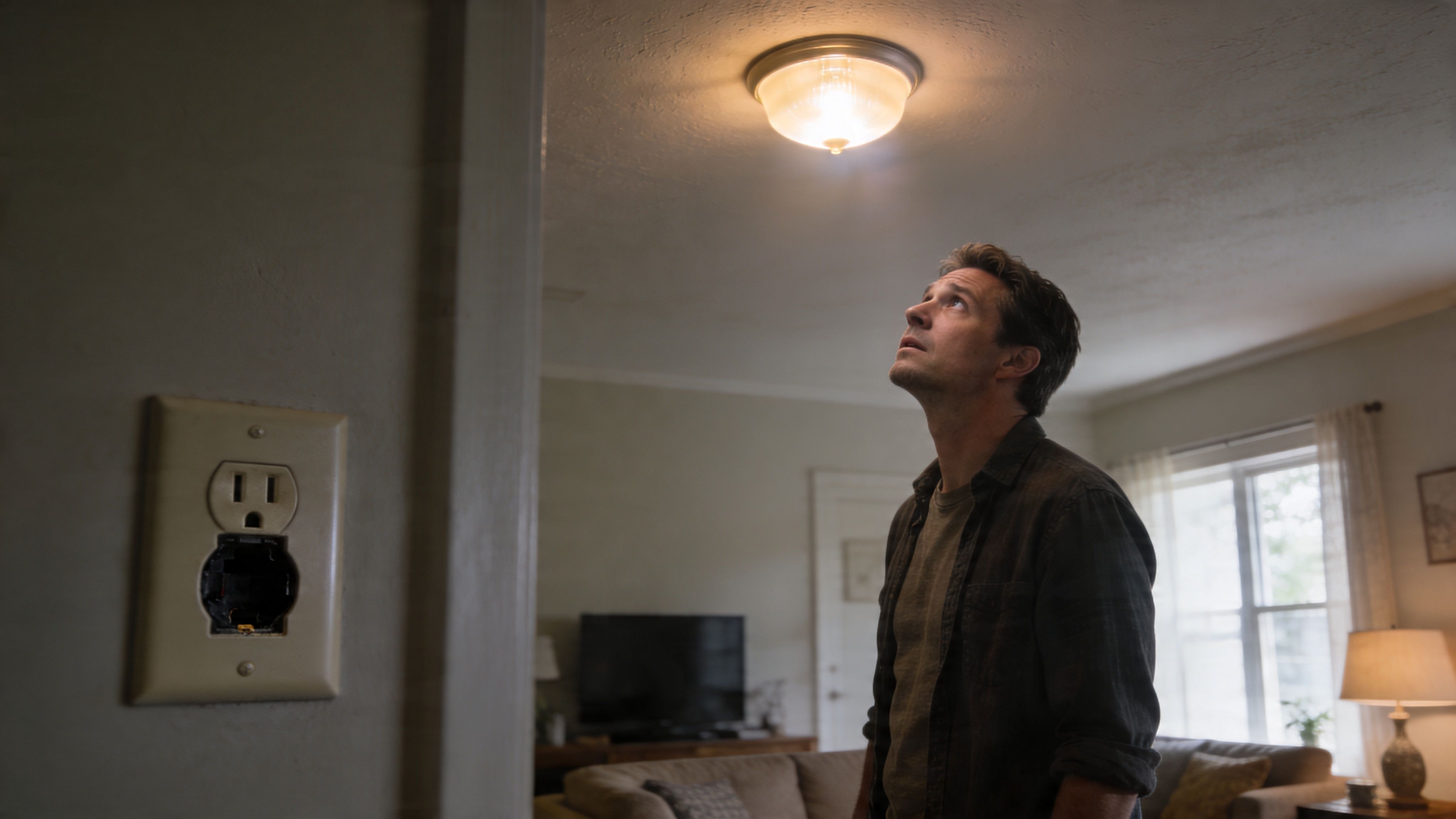 Electrical Repairs Near Me: A Brisbane Homeowner'S Guide 1 A Concerned Man Looking Up At A Ceiling Light Fixture While Standing Near A Damaged Wall Outlet.