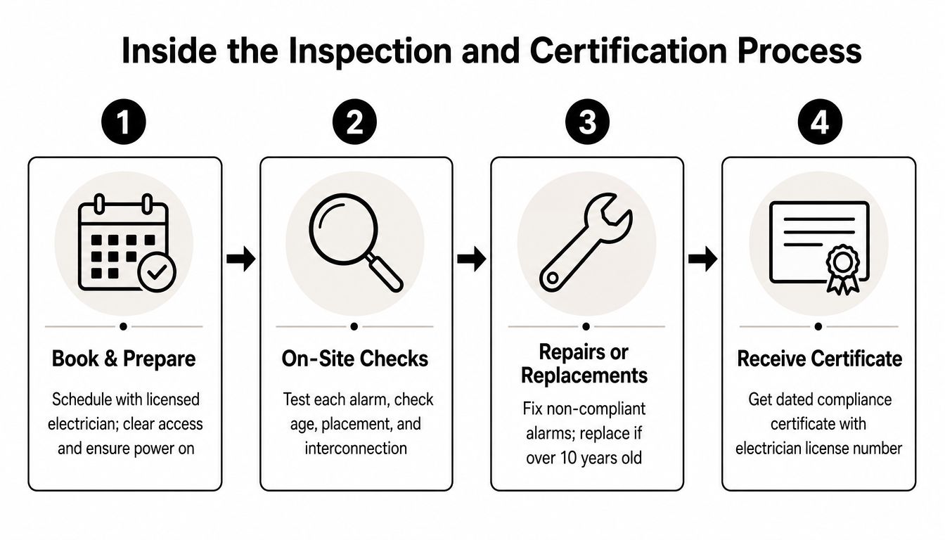 A Four-Step Infographic Illustrating The Smoke Alarm Inspection And Certification Process For Property Safety Compliance.
