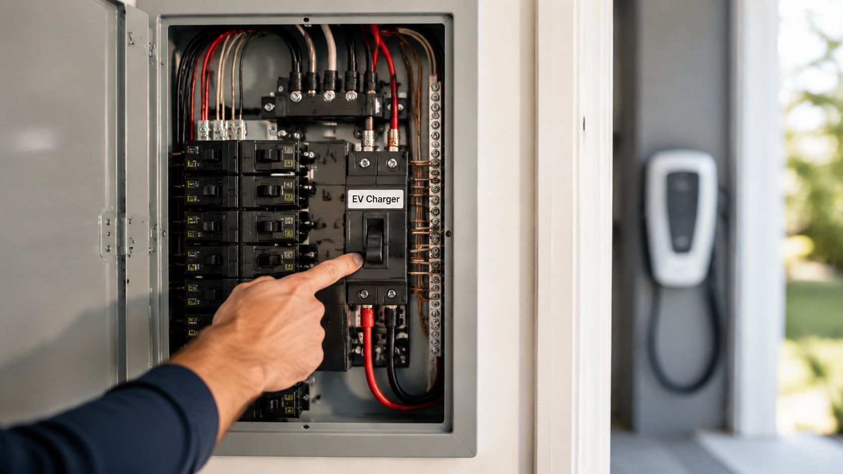 A Person Flipping The Circuit Breaker Switch Labeled Ev Charger Inside A Home Electrical Panel Box.