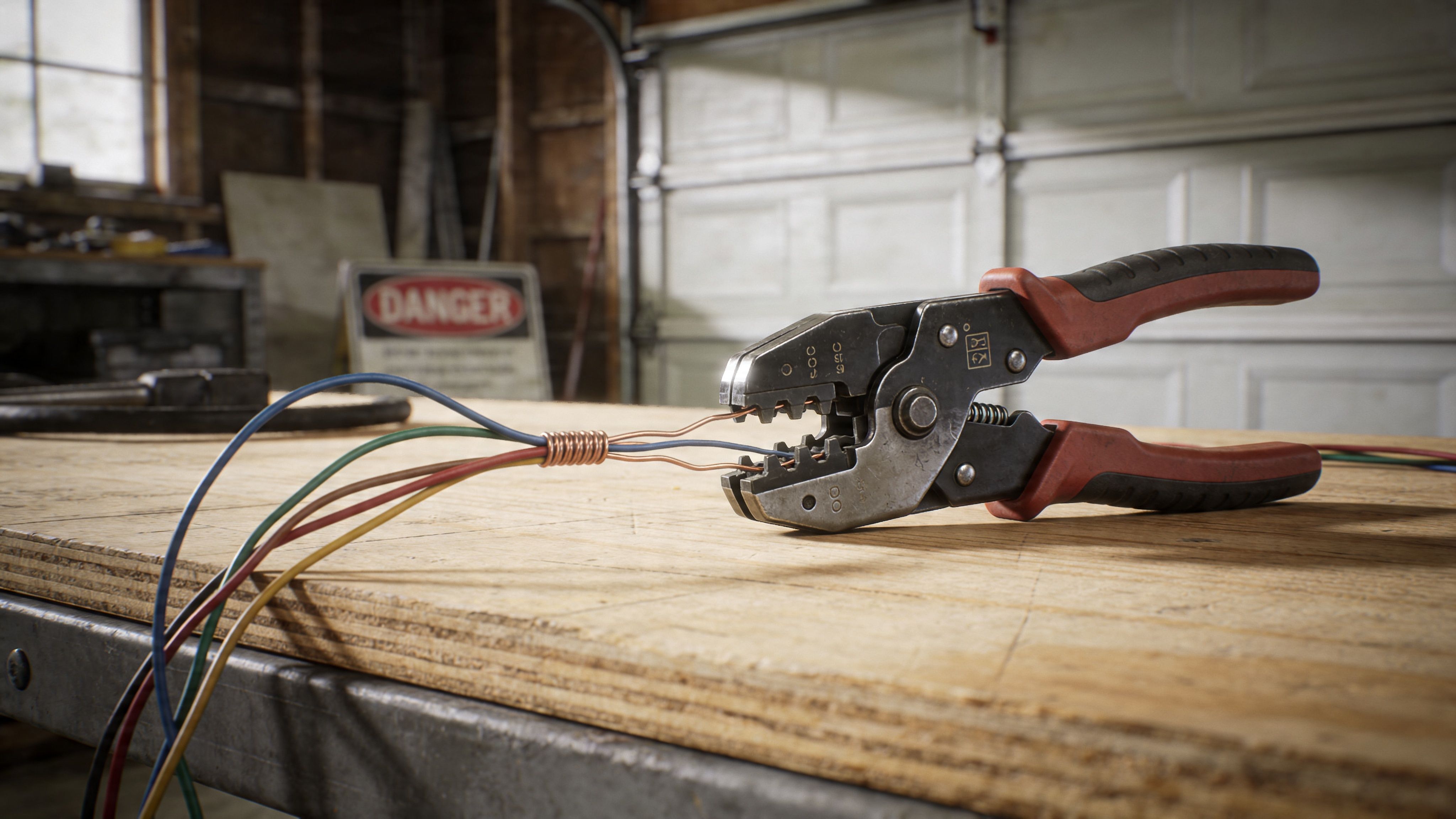 A Close-Up View Of Electrical Crimping Pliers Working On Stripped Copper Wires On A Wooden Workbench.