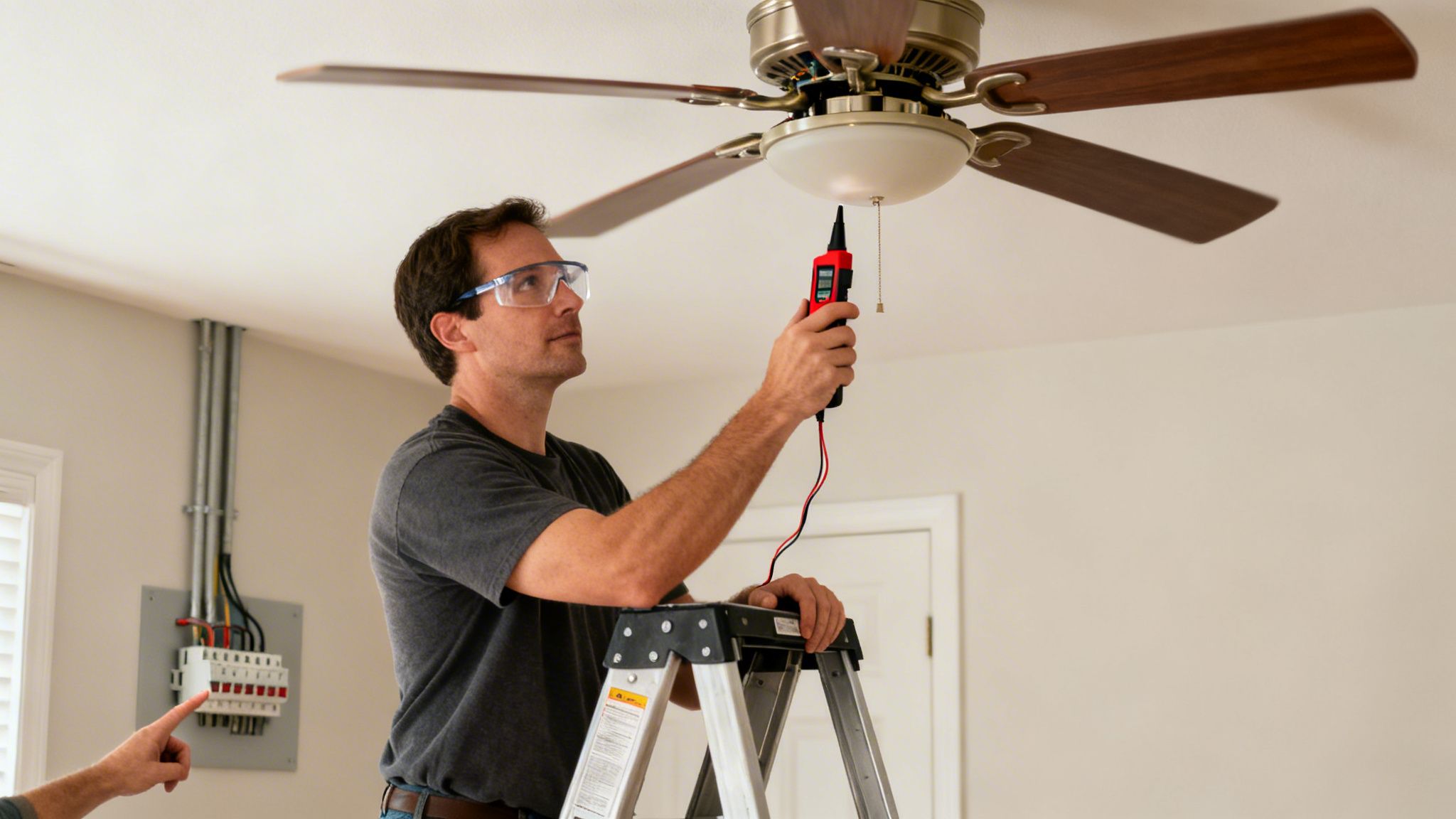 A Man In Safety Glasses On A Ladder Uses A Multimeter To Test A Ceiling Fan.