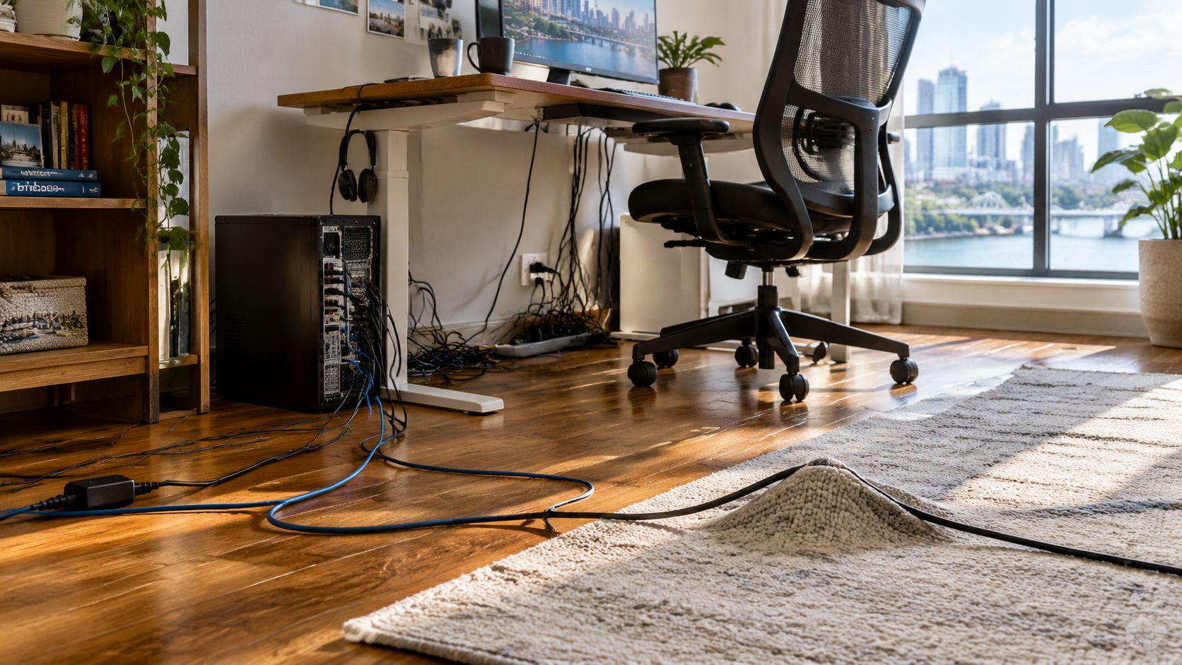 A Messy Home Office Workspace Featuring An Unorganized Desktop Computer Tower With Numerous Cables Across The Floor.