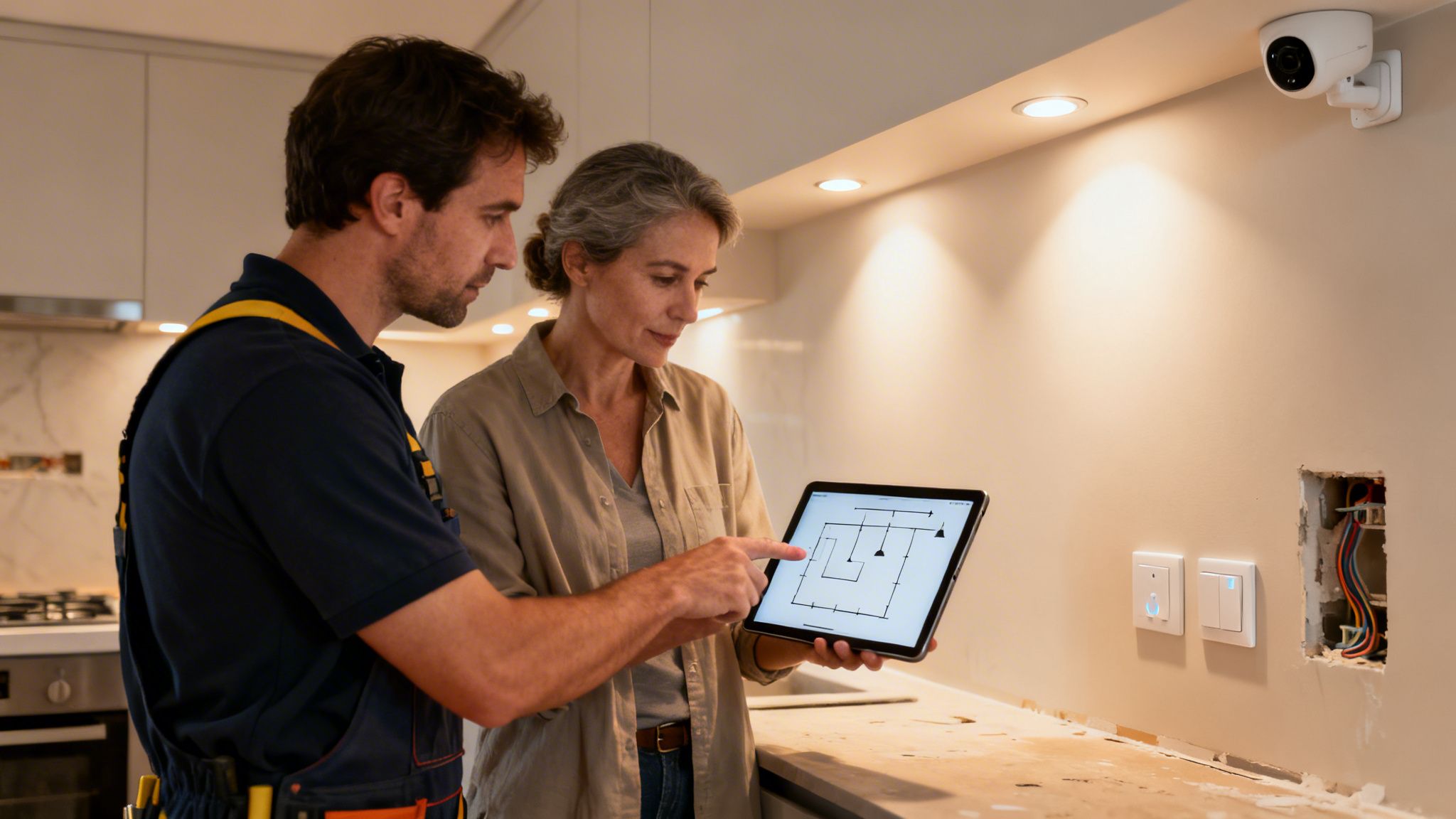Electrician And Woman Discuss Smart Home Wiring On A Tablet During Kitchen Installation.