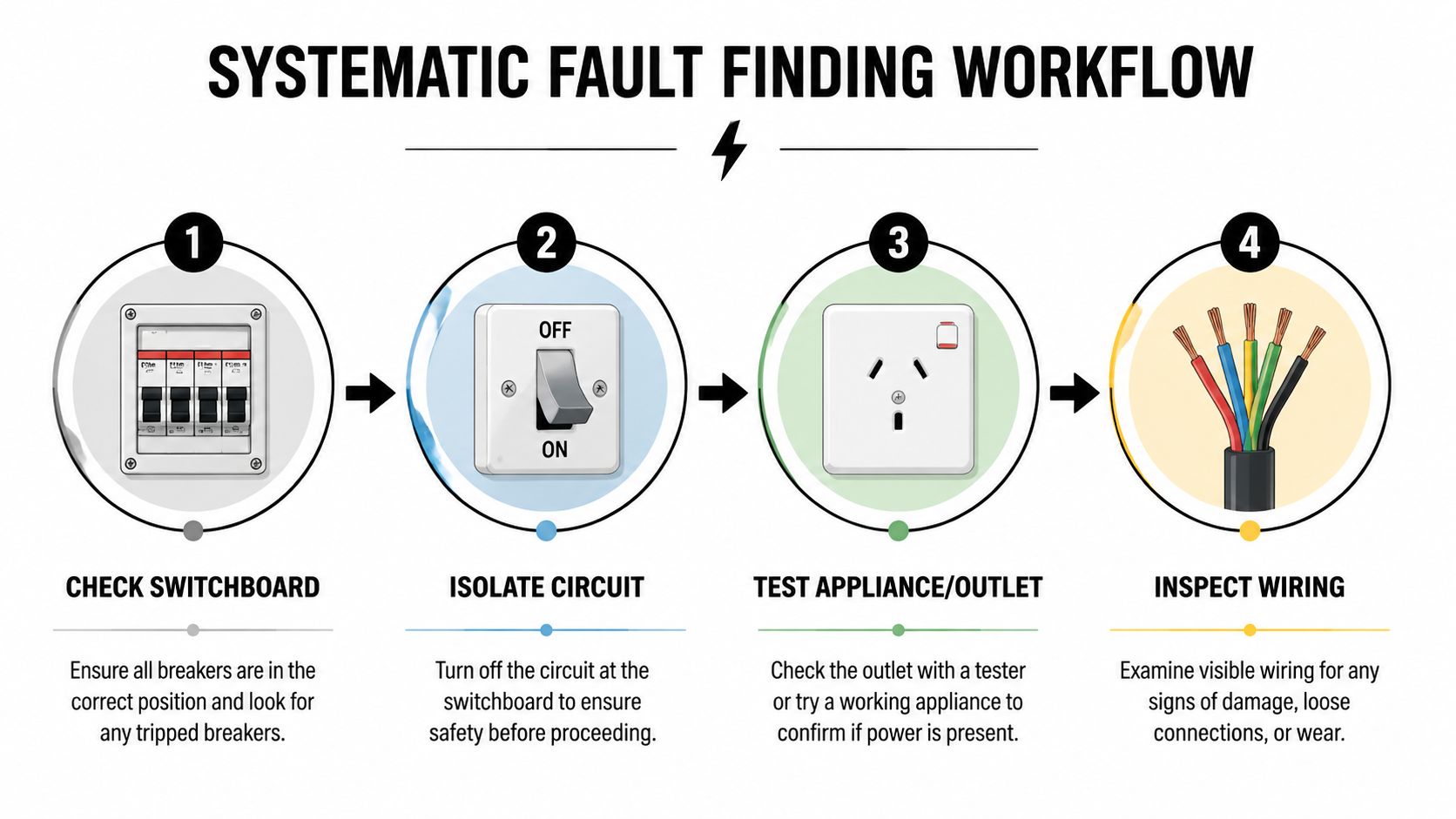 A Four-Step Infographic Illustrating A Systematic Process For Finding And Diagnosing Common Electrical Faults.