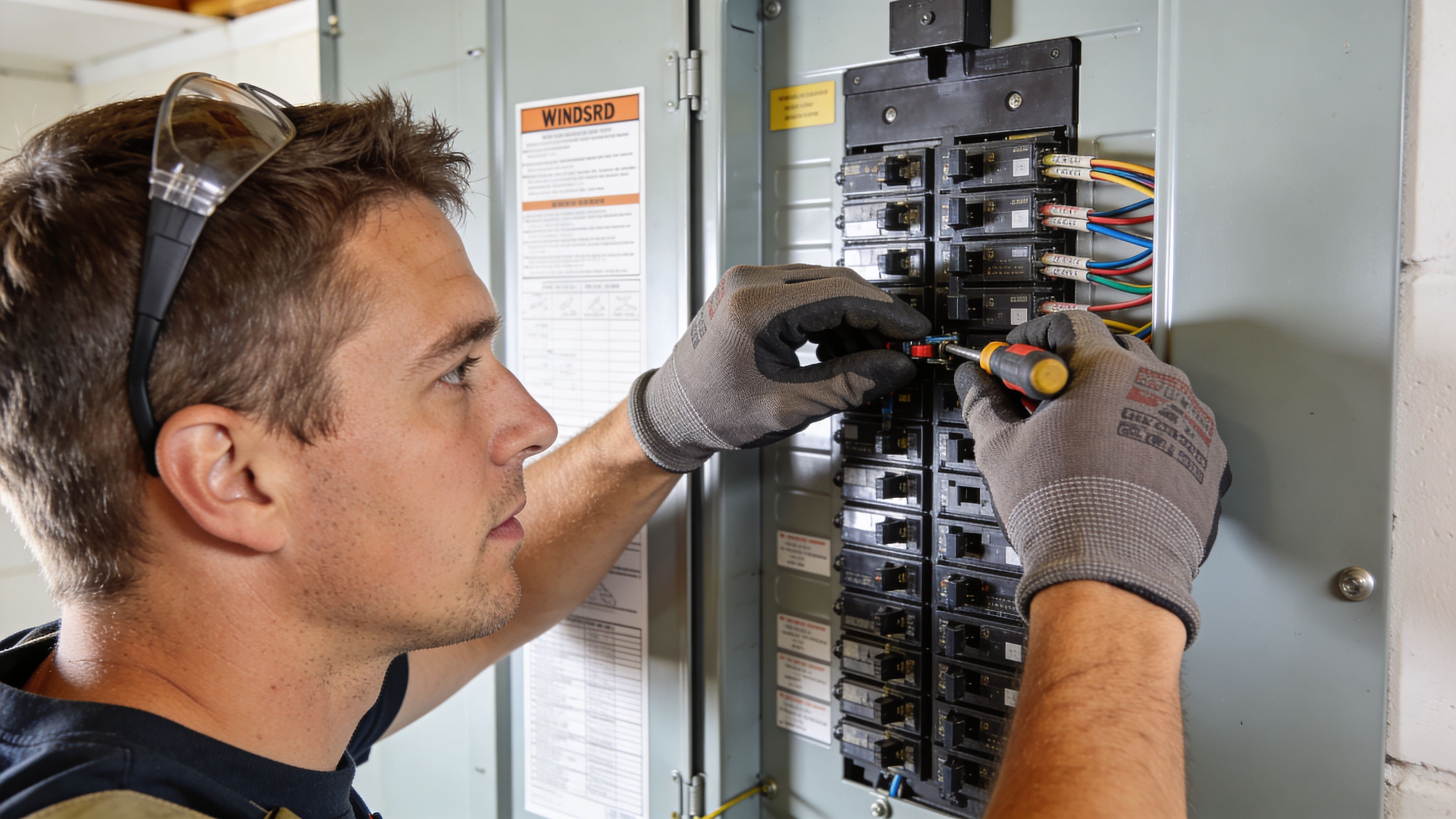 A Professional Electrician Wearing Protective Gloves Uses A Screwdriver To Work On A Residential Electrical Circuit Breaker Panel.