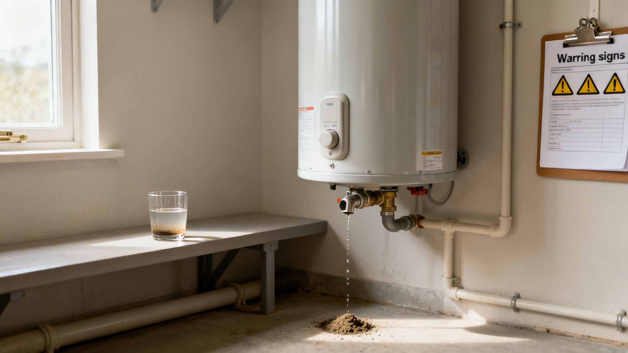 A Water Heater Leaking Dirty, Sediment-Filled Water Onto The Floor, Next To A Glass Of Brown Water.