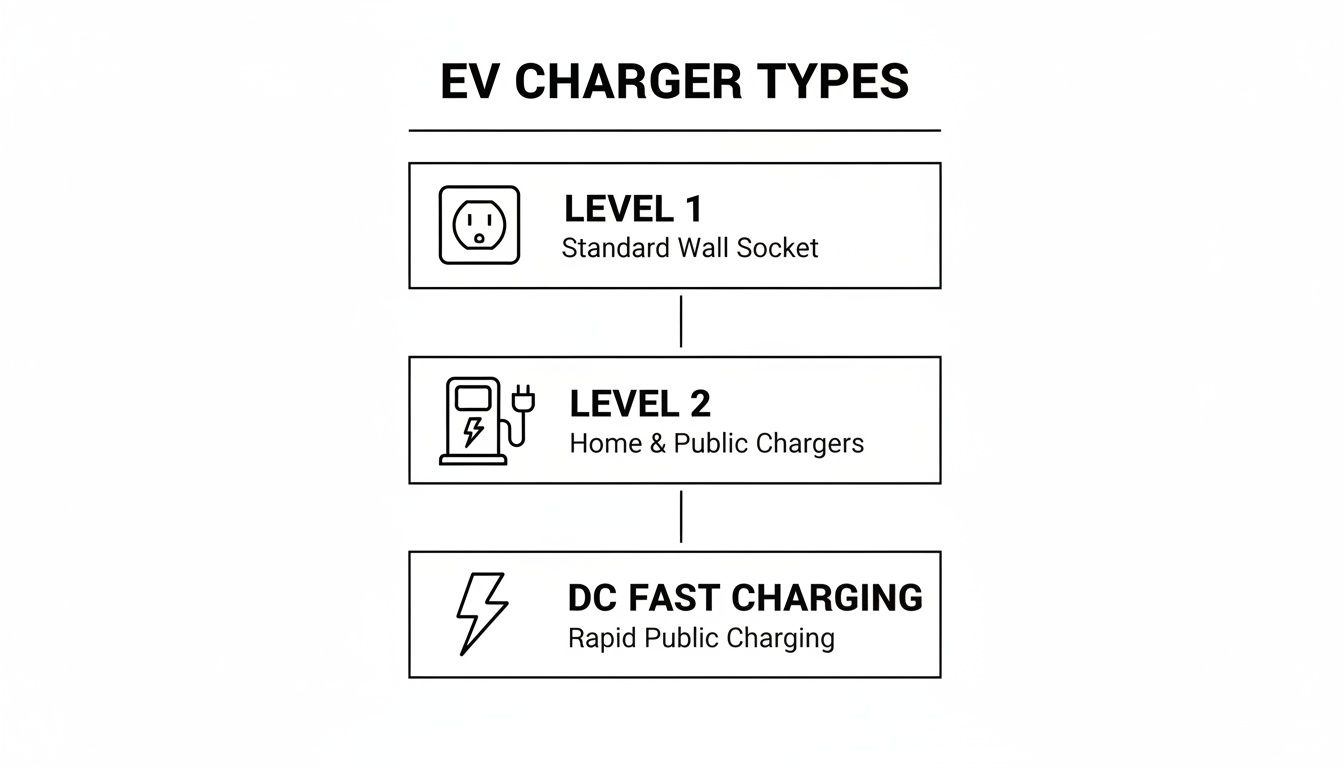 Diagram Illustrating Electric Vehicle (Ev) Charger Types: Level 1 (Standard Socket), Level 2 (Home/Public), And Dc Fast Charging (Rapid).