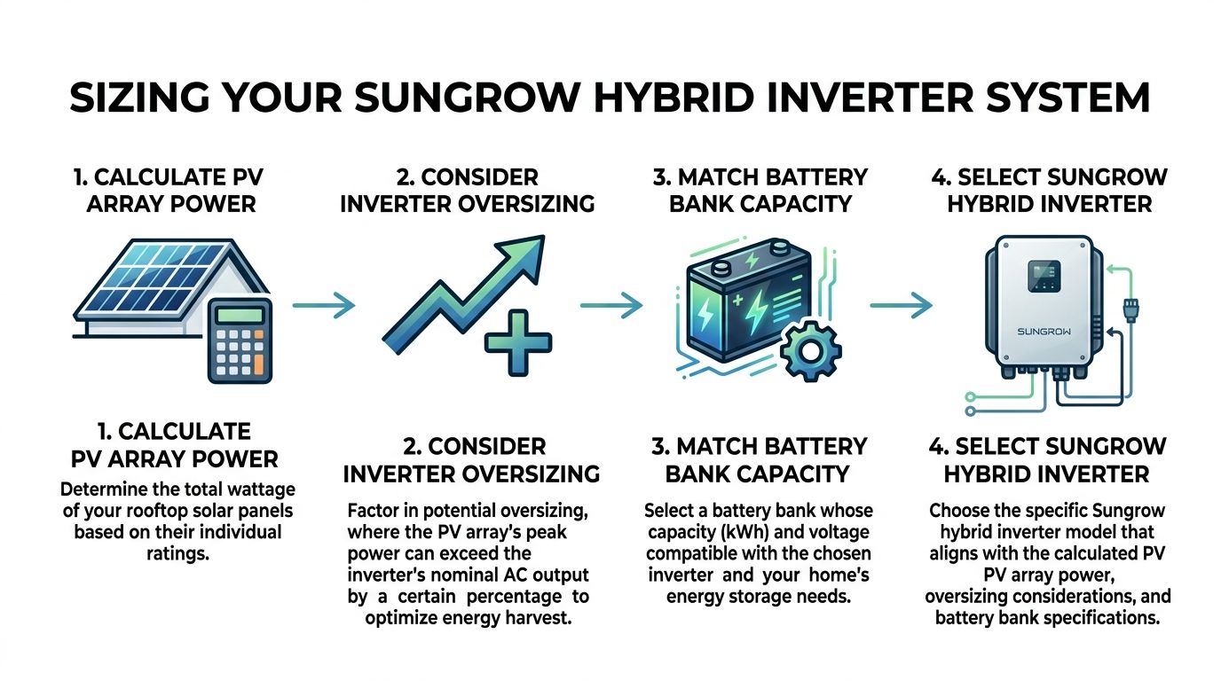 A Four-Step Infographic Illustrating The Process For Sizing A Sungrow Hybrid Solar Inverter System For Homes.