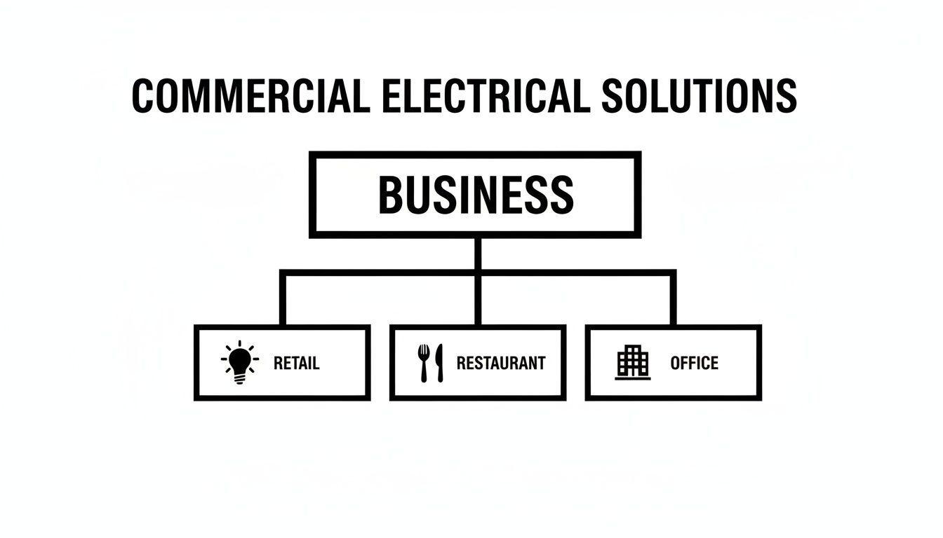 Diagram Illustrating Commercial Electrical Solutions For Various Business Types: Retail, Restaurant, And Office.