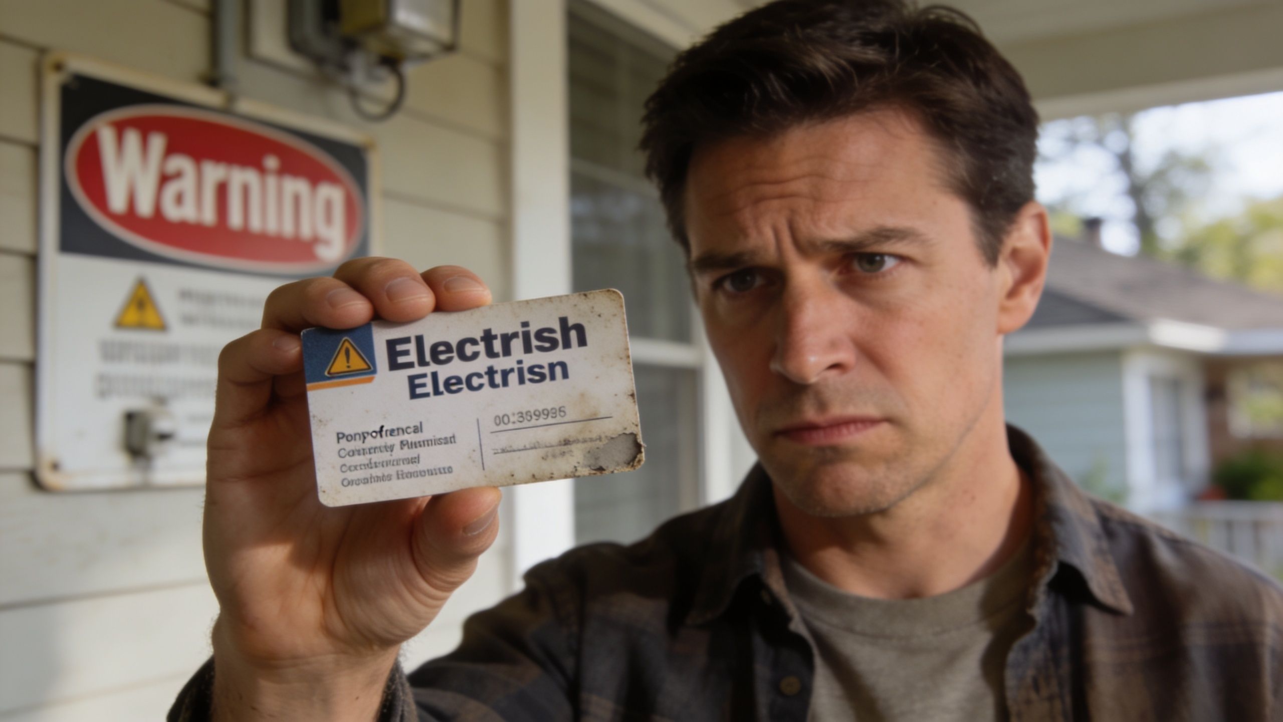 A Man Holding Up An Identification Card With Text While Standing In Front Of A Warning Sign.