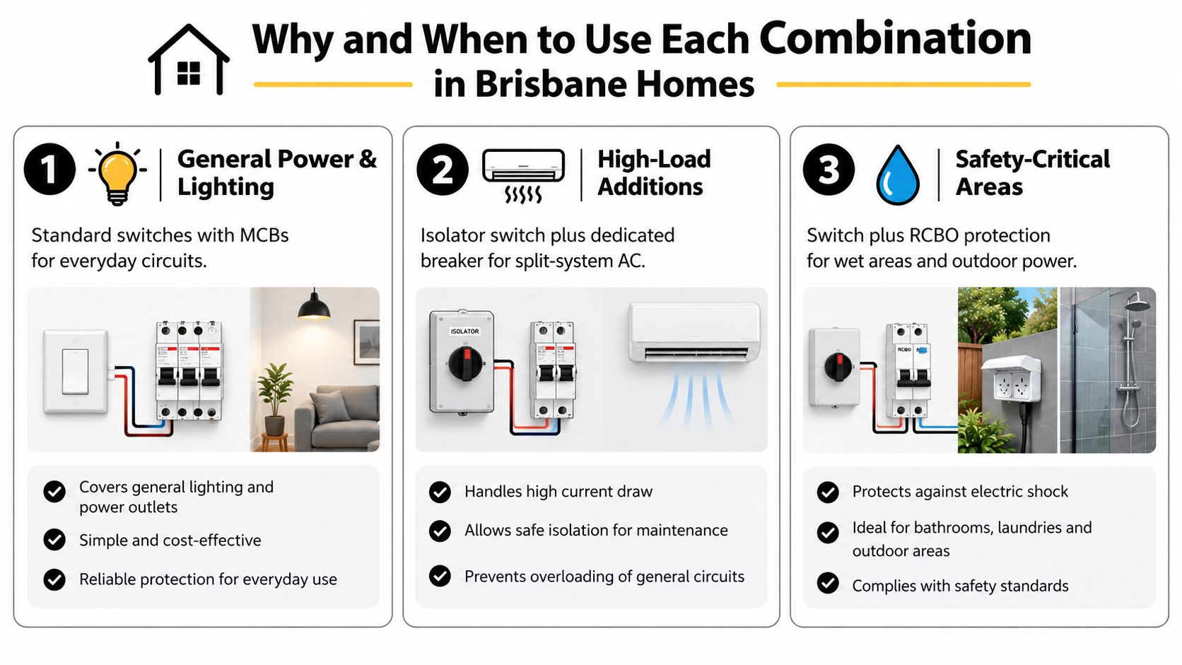 Switch With Circuit Breaker Explained For Brisbane Homes 2 A Guide Explaining Electrical Circuit Combinations For General Power, High-Load Appliances, And Safety-Critical Areas In Brisbane Homes.