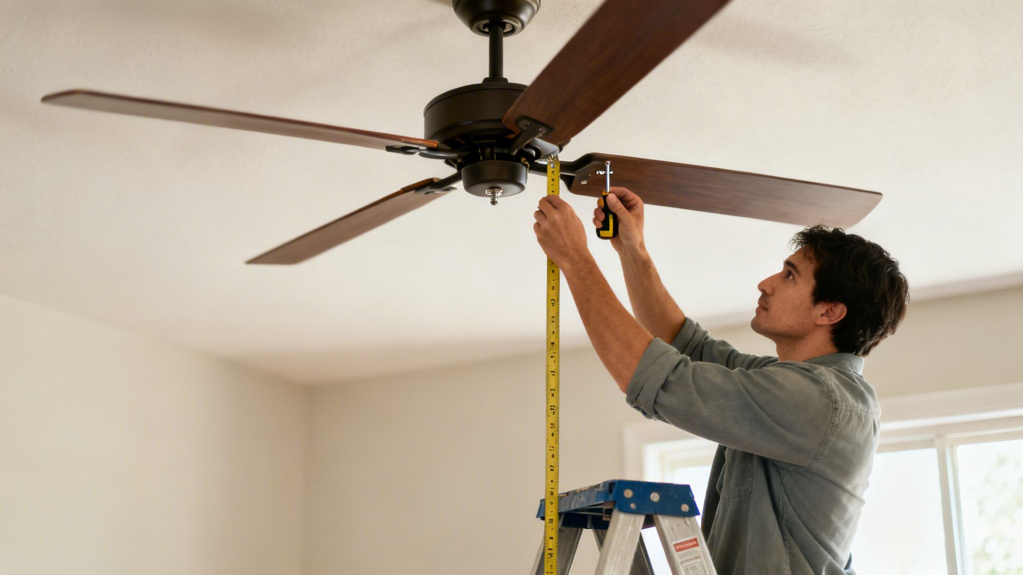 A Man On A Ladder Measures A Dark Brown Ceiling Fan With A Yellow Tape Measure.