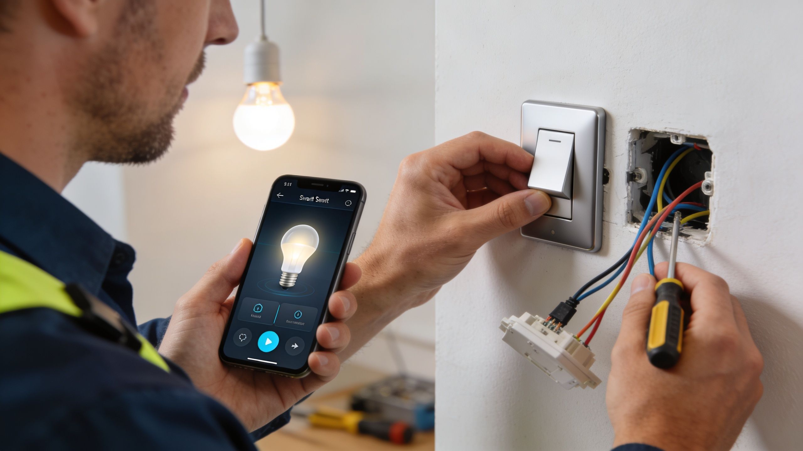 An Electrician Installs A Smart Light Switch While Using A Smartphone App To Control The Lighting System.