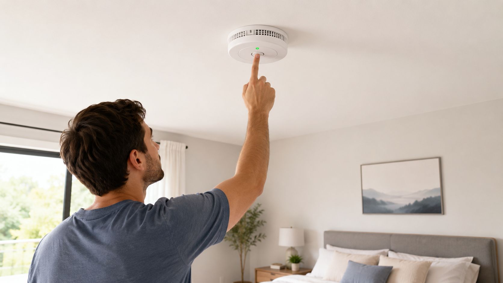 A Man Standing In A Bedroom Testing A Smoke Detector Mounted On The Ceiling.