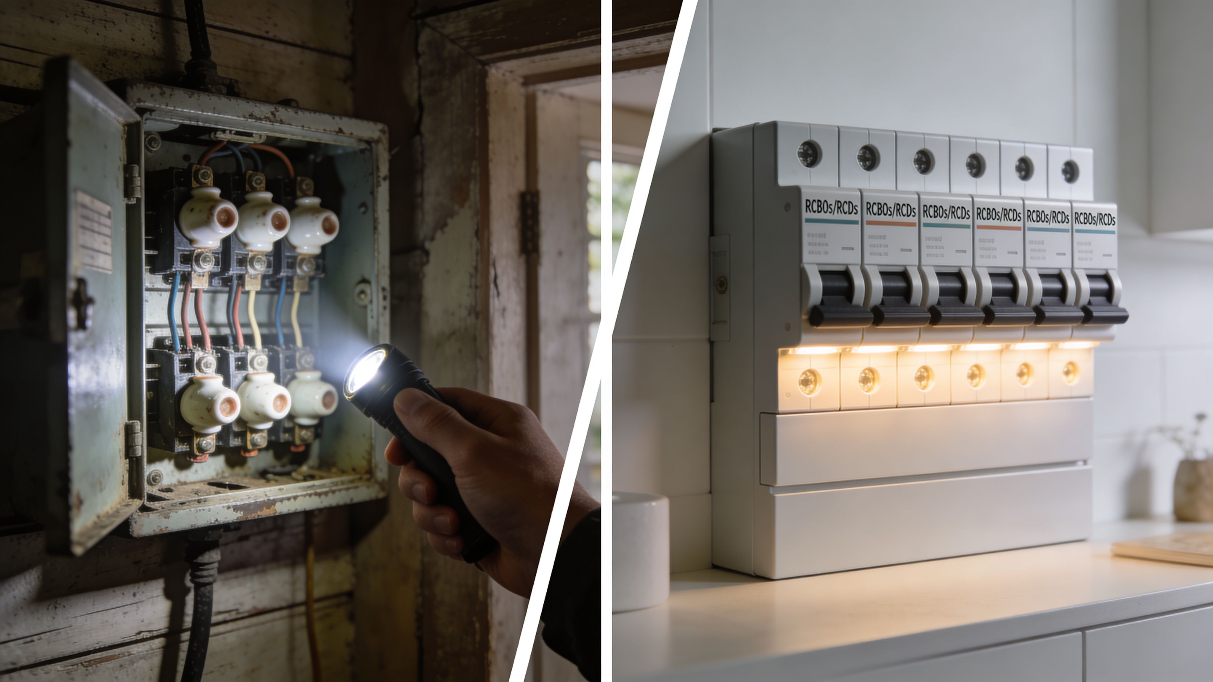 A Split Comparison Between An Outdated Vintage Electrical Fuse Box And A Modern Household Switchboard System.