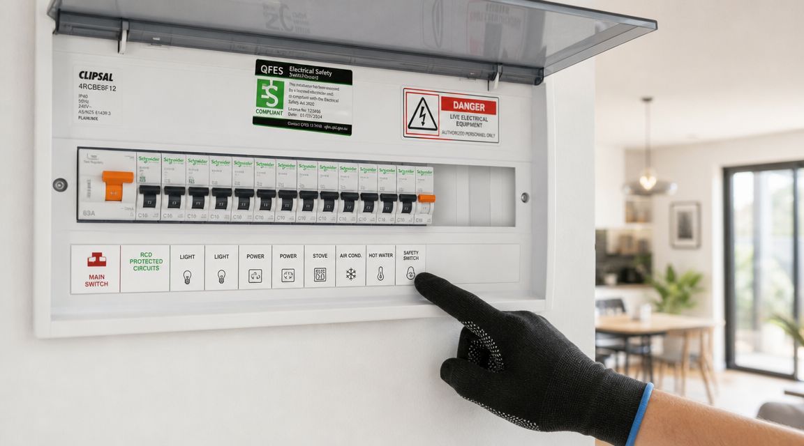 A Professional Electrician Performing An Electrical Safety Inspection On A Modern Home Circuit Breaker Board.