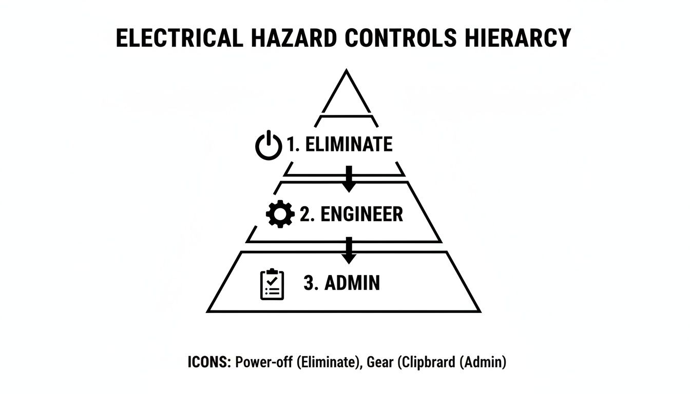 A Pyramid Diagram Illustrating The Electrical Hazard Controls Hierarchy: Eliminate, Engineer, And Admin.