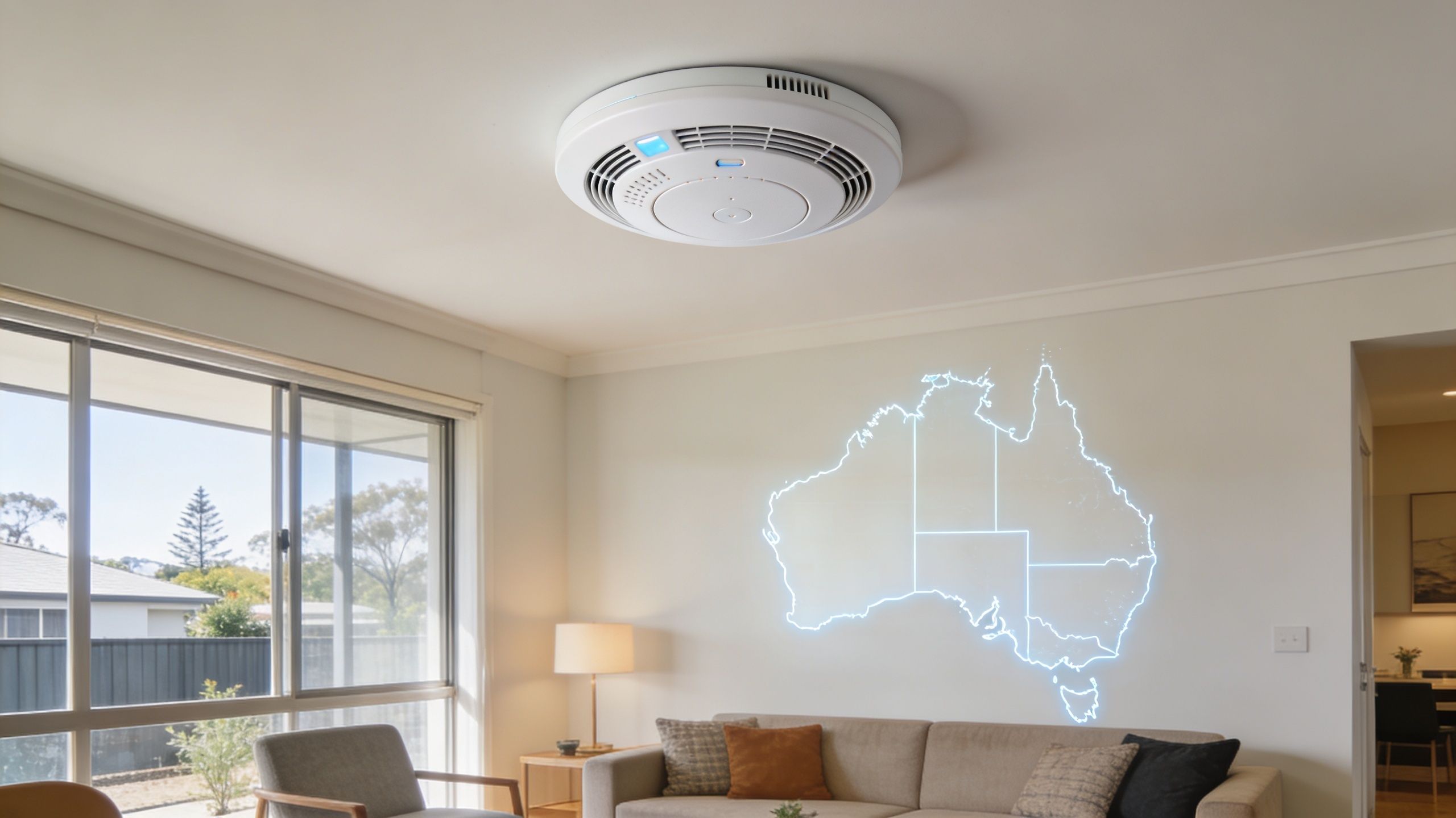 A Smoke Detector Mounted On The Ceiling In A Living Room With An Illuminated Map Of Australia On The Wall.