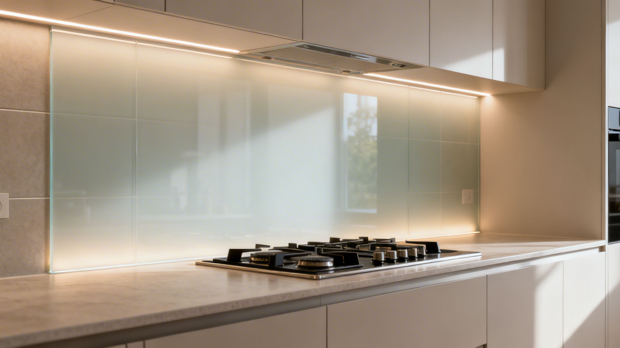 10 Kitchen Lighting Ideas Australia You Should Know 3 Modern Kitchen With Built-In Gas Hob, Illuminated Frosted Glass Backsplash, And Light Countertops.