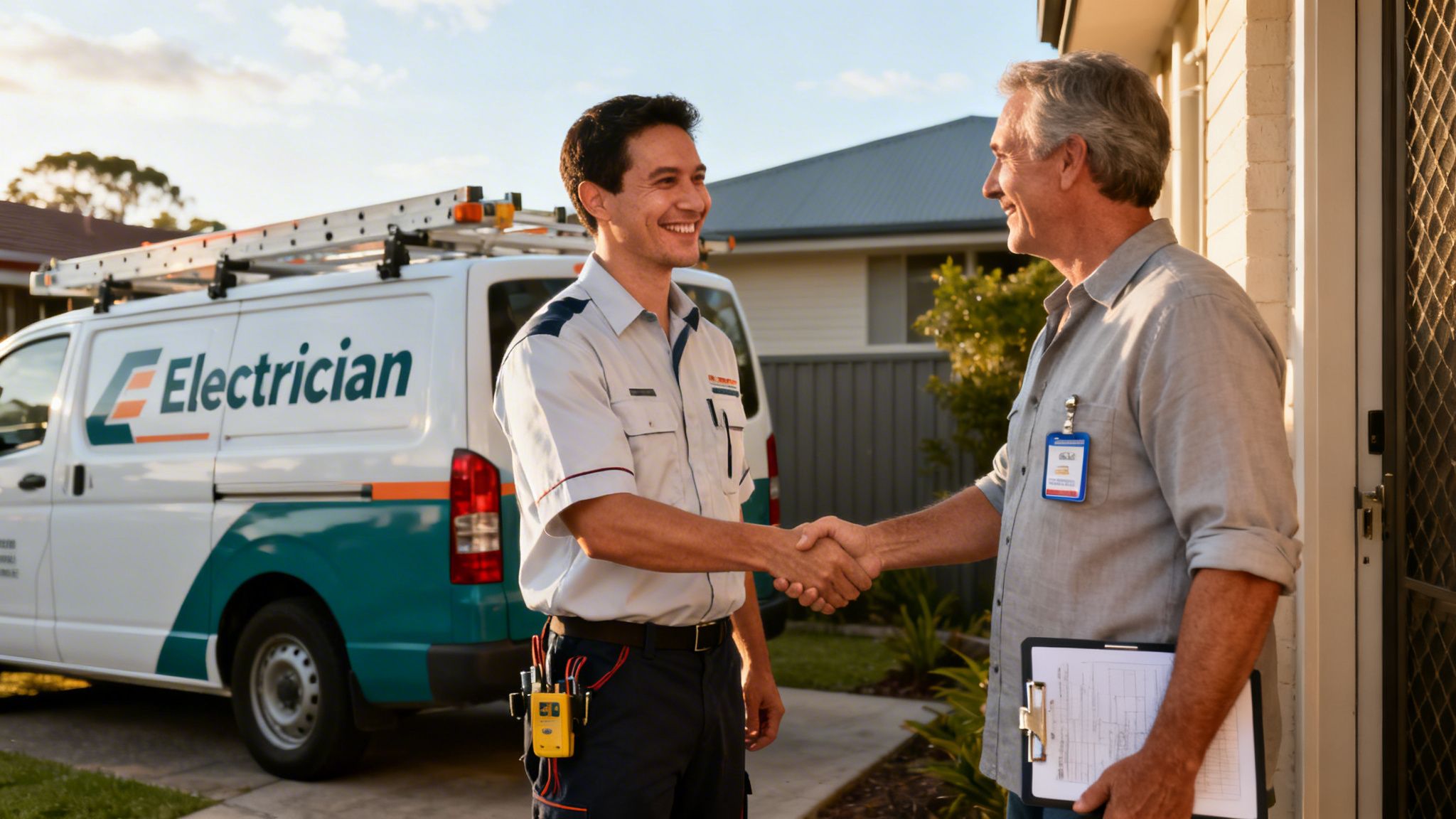 An Electrician In Uniform Shakes Hands With A Homeowner Outside A House, With A Service Van Parked Nearby.