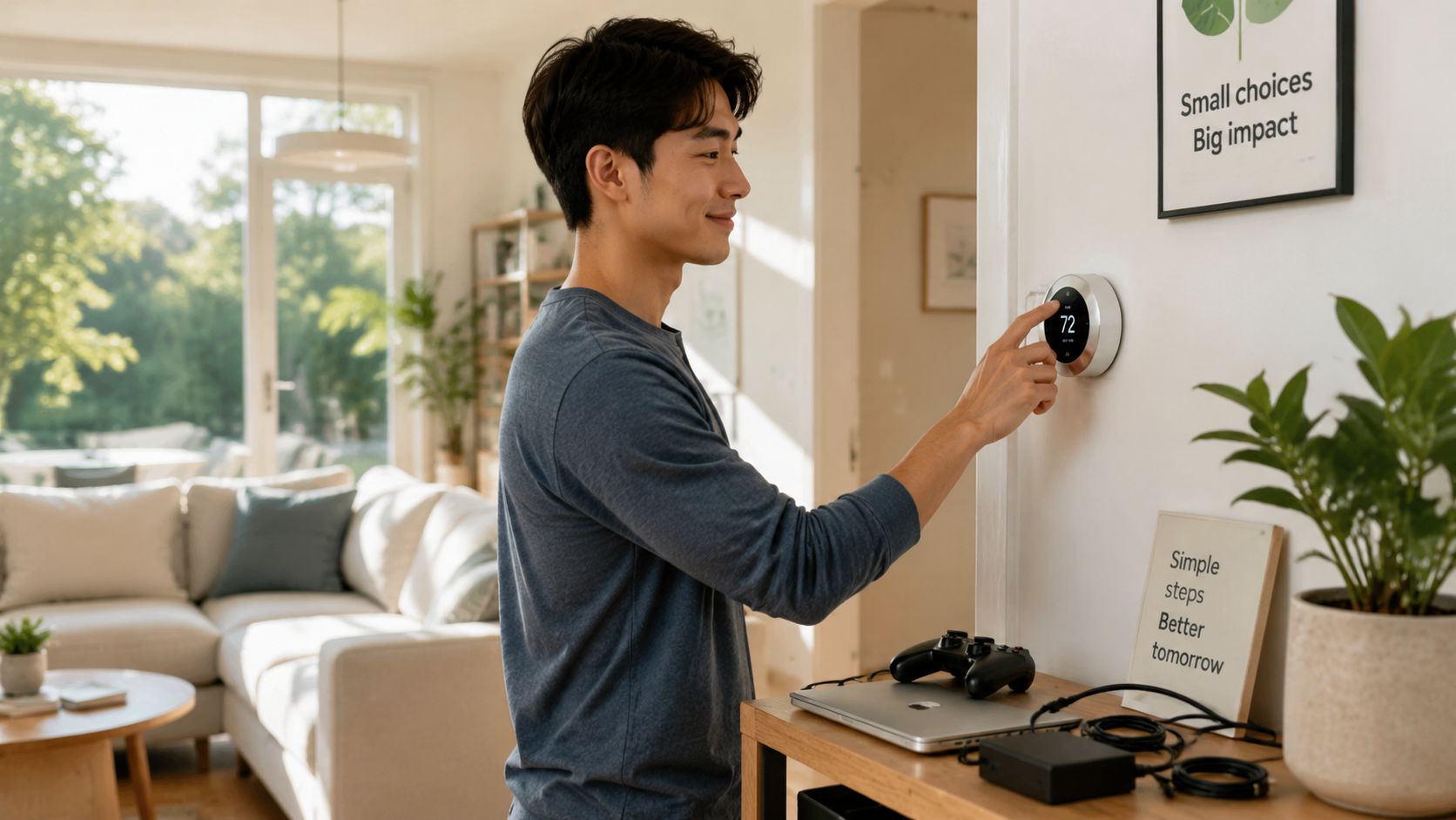 A Young Man Adjusting The Wall-Mounted Smart Thermostat In His Modern Home Living Room.
