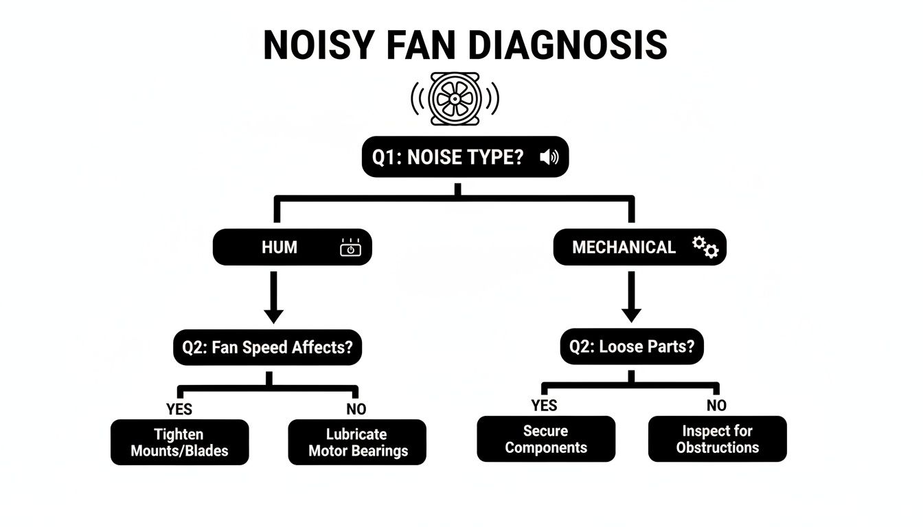 Flowchart Illustrating A Noisy Fan Diagnosis Guide, Distinguishing Between Hum And Mechanical Noises.
