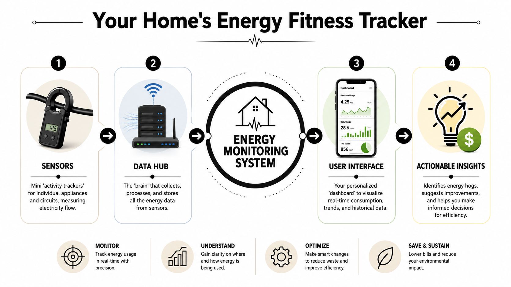 An Infographic Illustrating The Four Stages Of A Home Energy Monitoring System For Tracking Electricity Usage.