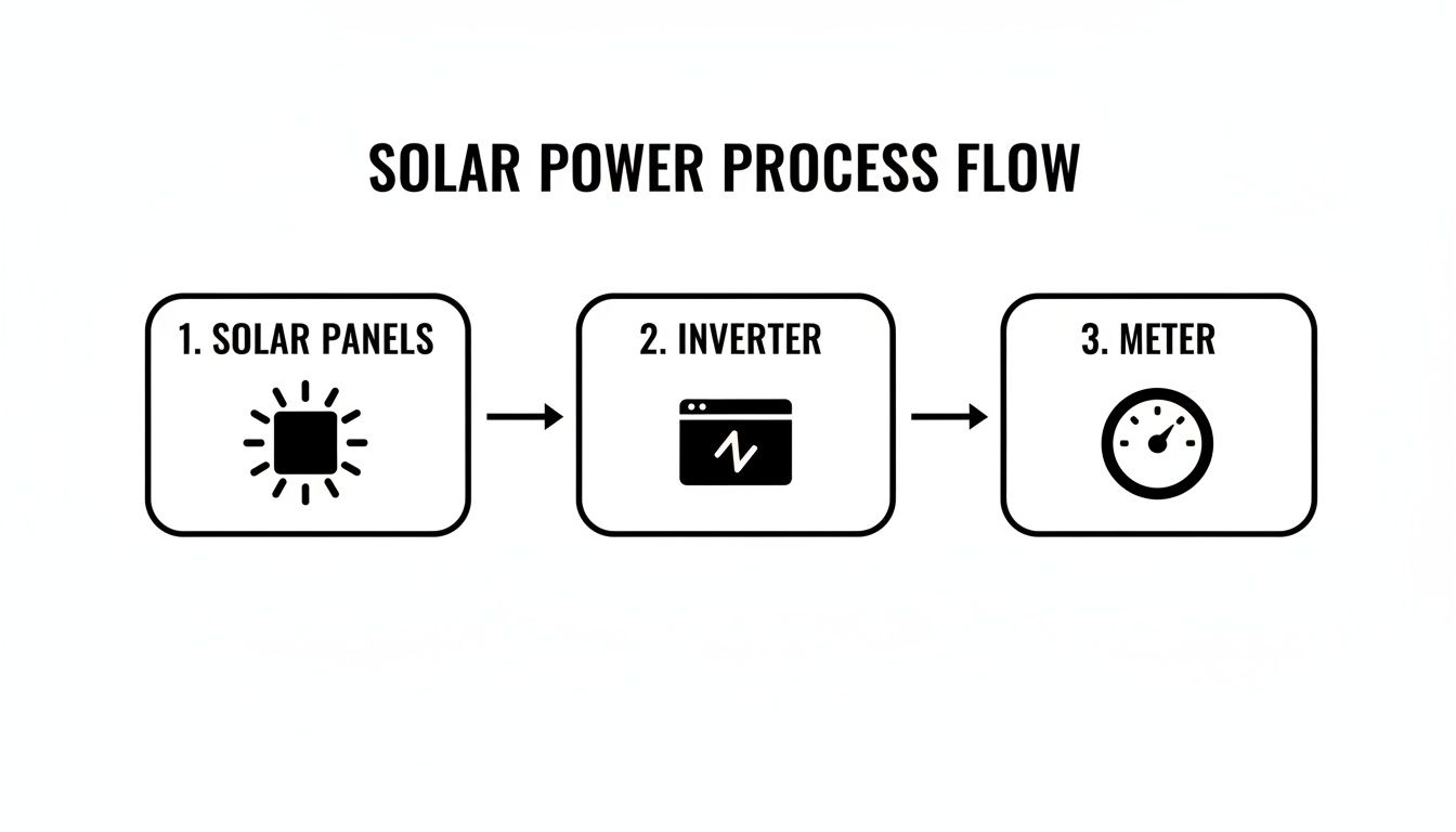 How Does A Solar Power System Work? A 2026 Guide For Brisbane Homes 2 Flowchart Illustrating The Solar Power Generation Process From Solar Panels To Inverter To Meter.
