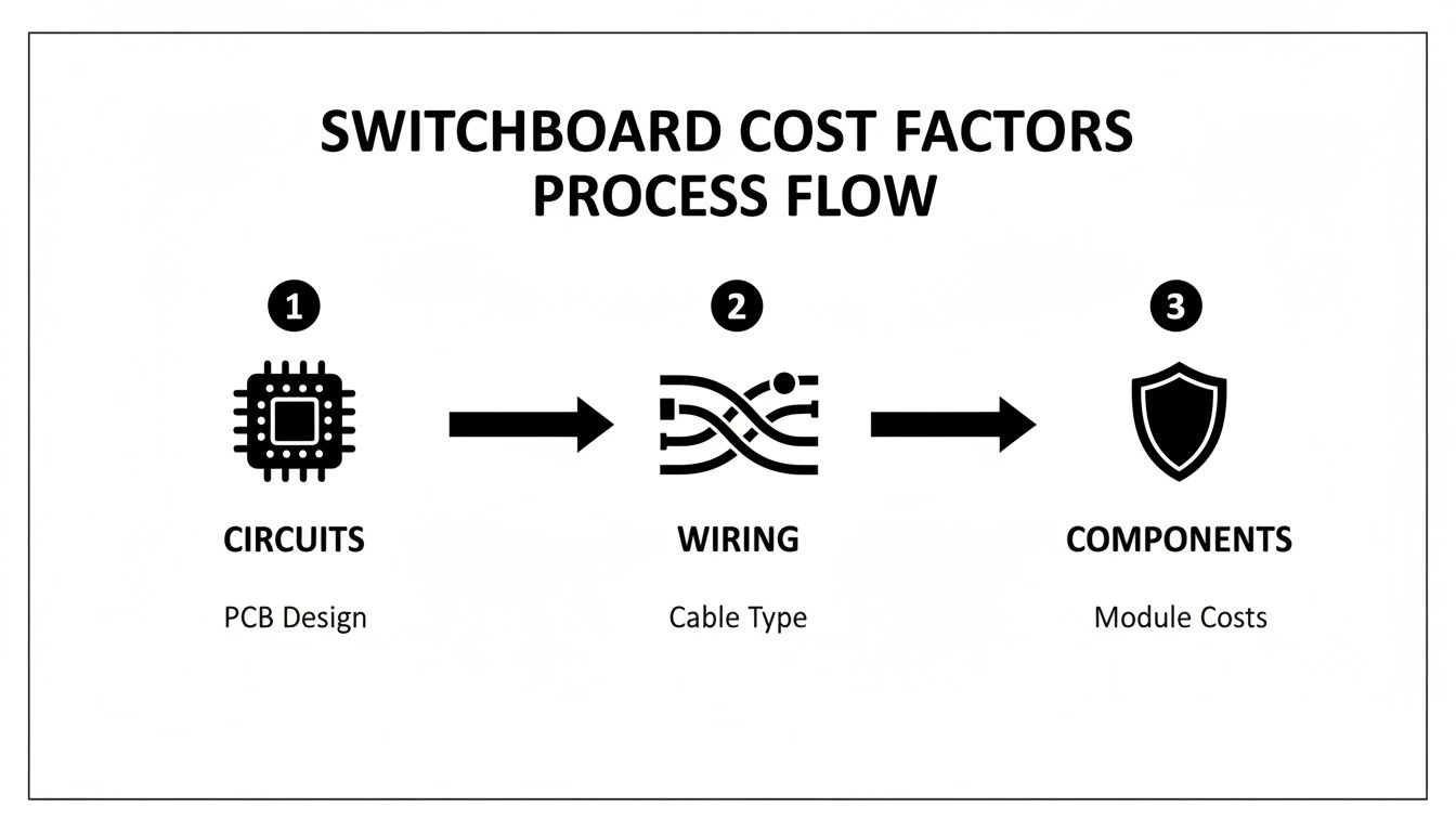 A Process Flow Diagram Illustrates Switchboard Cost Factors Including Circuits, Wiring, And Components.