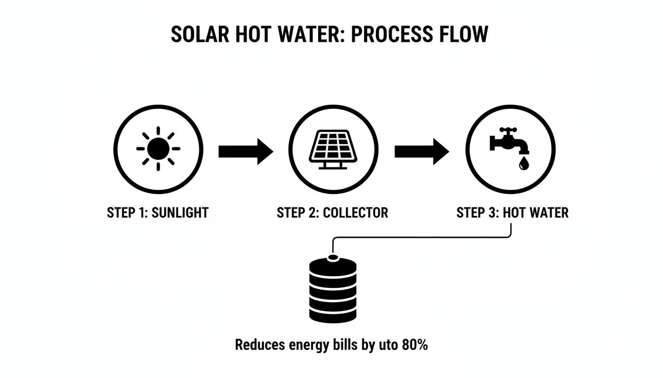 A Diagram Illustrating The Solar Hot Water Process Flow From Sunlight To Collector, Then Hot Water, Reducing Energy Bills.