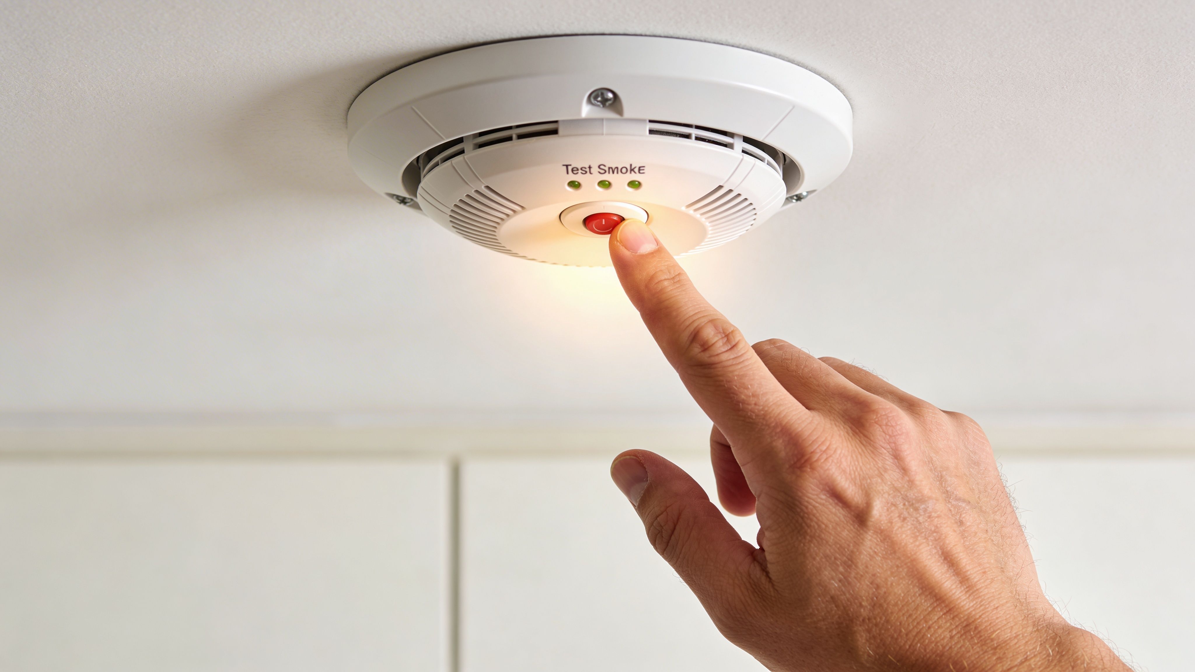A Person Pressing The Test Button On A Round White Smoke Detector Mounted On A White Ceiling.