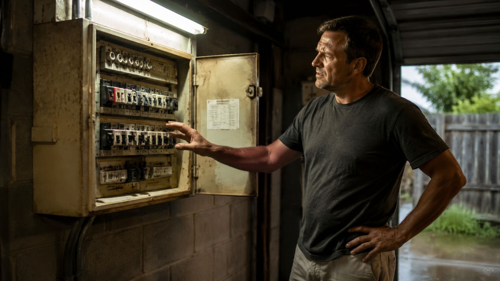 A Middle-Aged Man Examining An Open Electrical Fuse Box Panel On A Garage Wall.