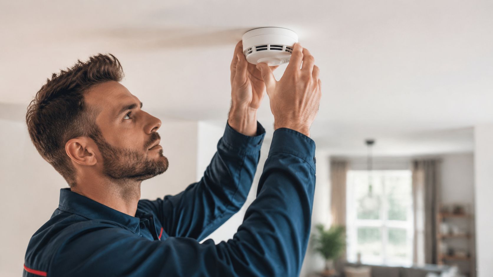 A Professional Technician Carefully Installing A White Smoke Detector Onto A Ceiling In A Residential Home.