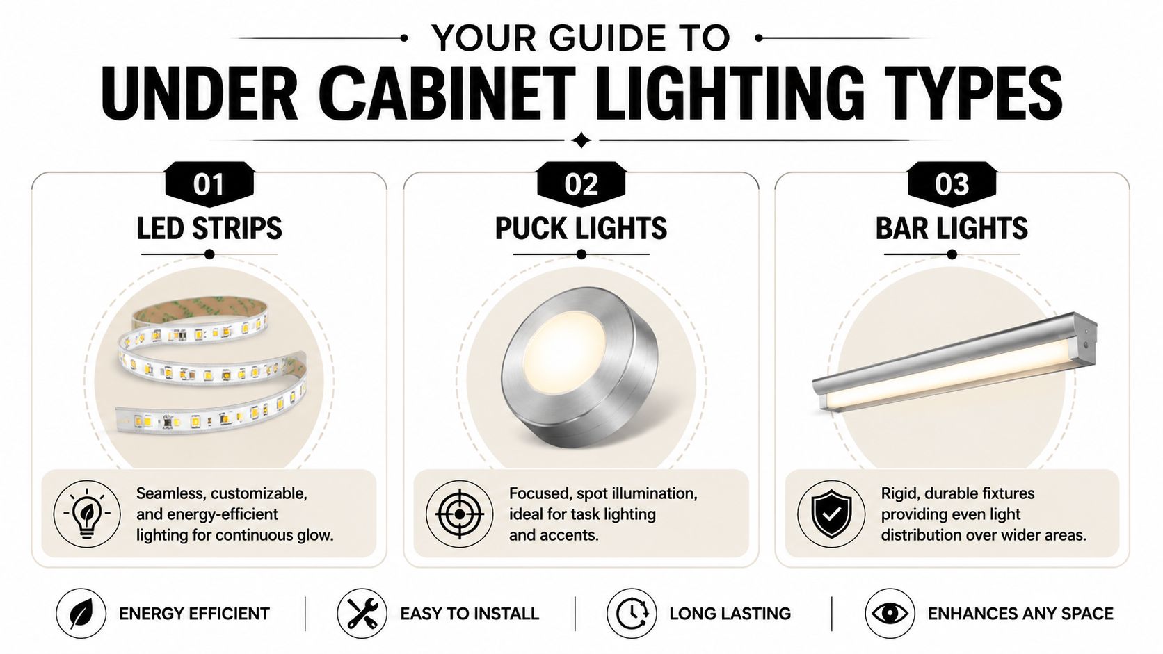 An Infographic Showing Three Common Types Of Under Cabinet Lighting: Led Strips, Puck Lights, And Bar Lights.