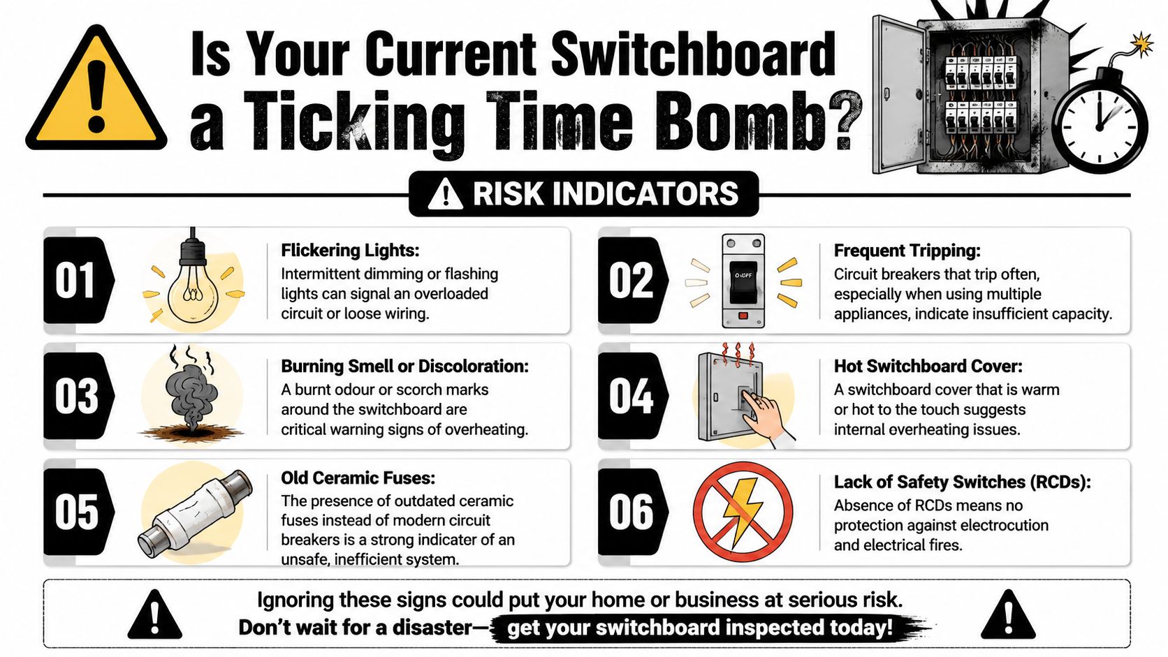 A Safety Infographic Highlighting Six Warning Signs Of A Dangerous Electrical Switchboard That Requires Professional Inspection.