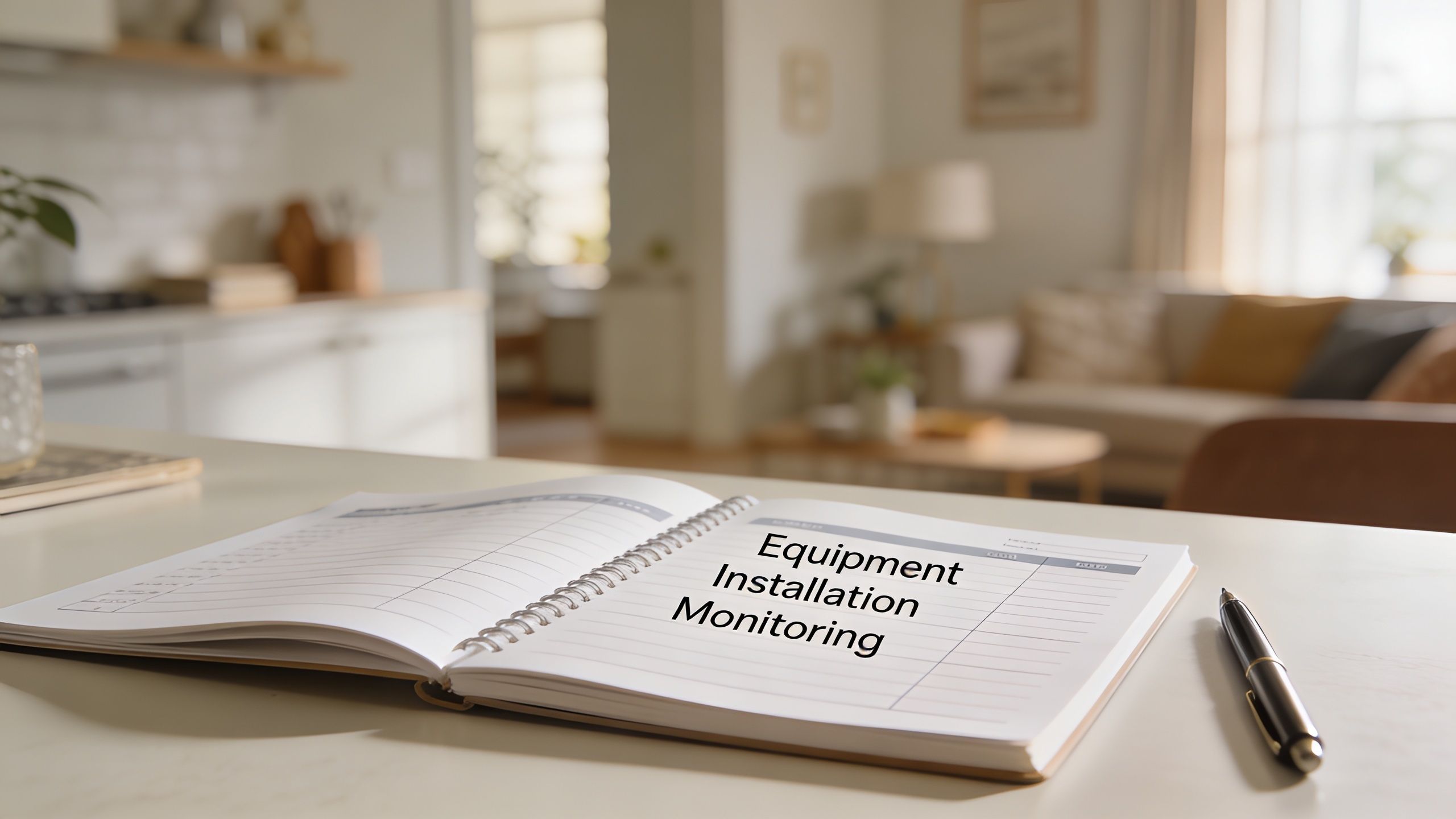 An Open Spiral Notebook With The Words Equipment Installation Monitoring Written On A Bright Kitchen Counter