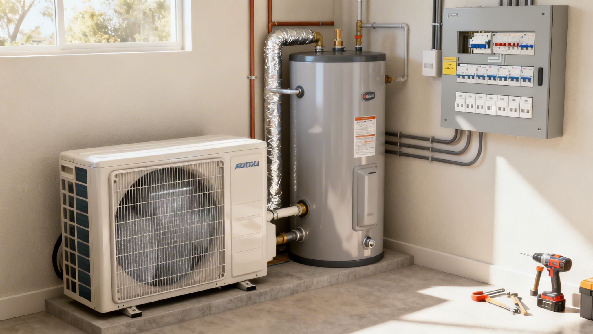 Heat Pump Water Heater And Mini-Split Unit Near An Electrical Panel In A Home Utility Room.