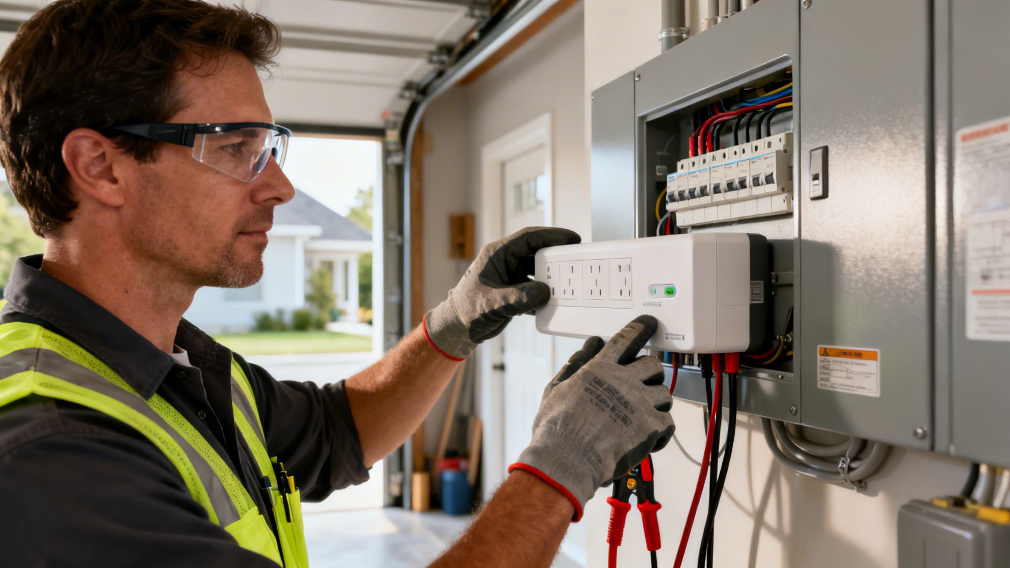 A Man In Safety Glasses And Gloves Installs A White Surge Protector Into A Home Electrical Panel.