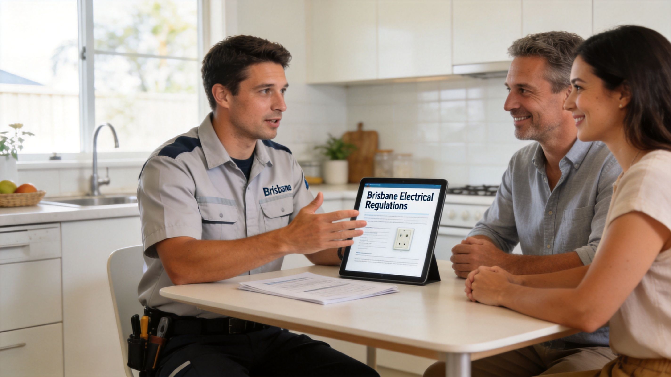 A Professional Electrician Explains Electrical Regulations To A Couple In Their Kitchen Using A Tablet.