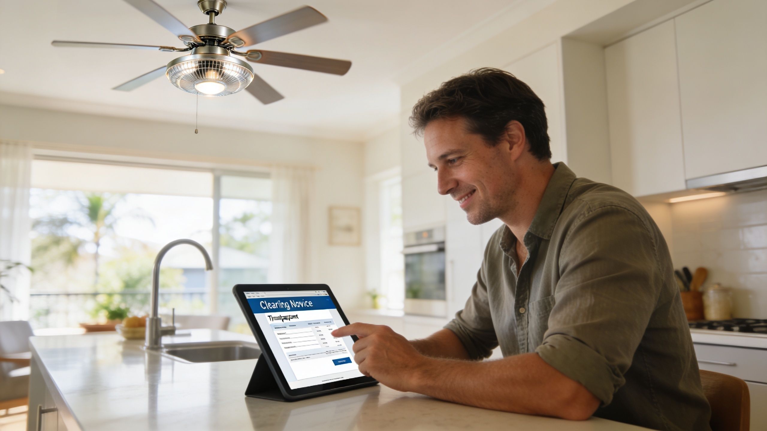 A Man Smiling While Using A Tablet At A Kitchen Counter With A Ceiling Fan Overhead.