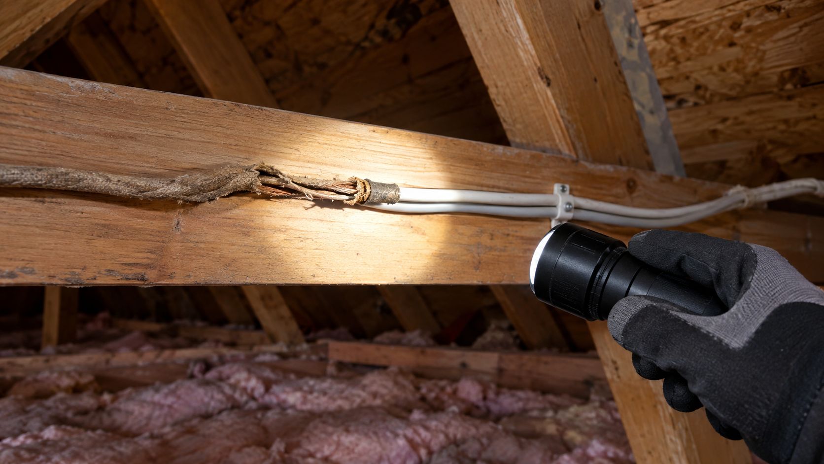 A Hand Wearing A Work Glove Shines A Flashlight On Damaged Electrical Wiring In An Attic.