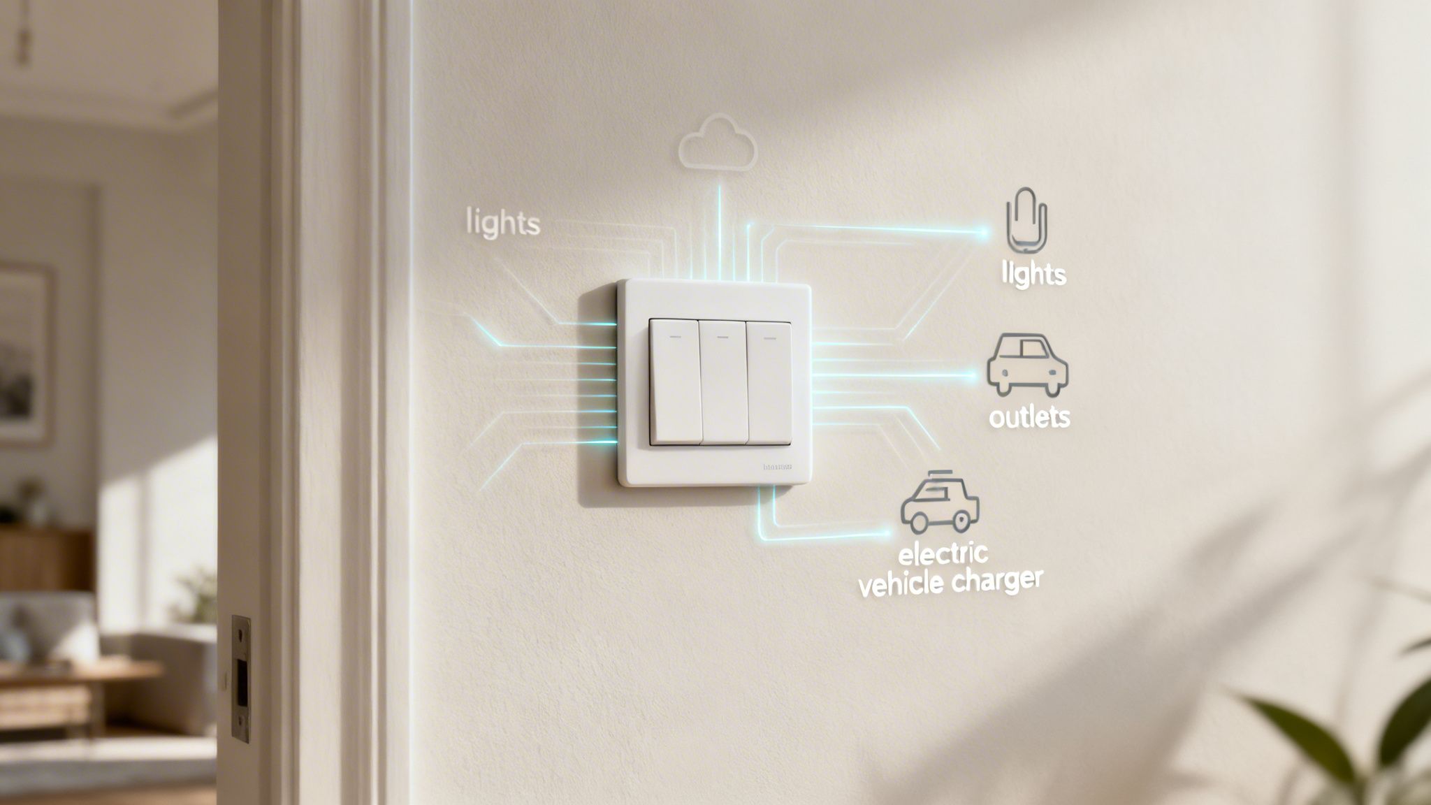 A Smart Triple Light Switch On A Wall, Connecting To Lights, Outlets, And Ev Charger.