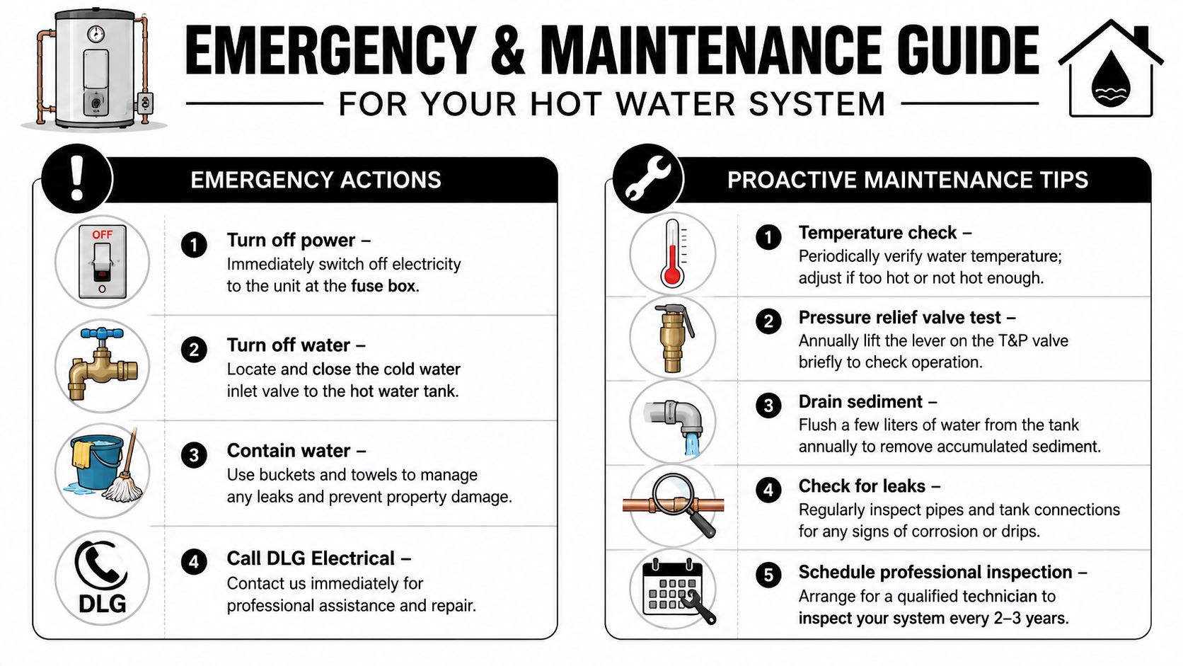 An Infographic Titled Emergency &Amp; Maintenance Guide For Your Hot Water System Providing Safety And Care Instructions.
