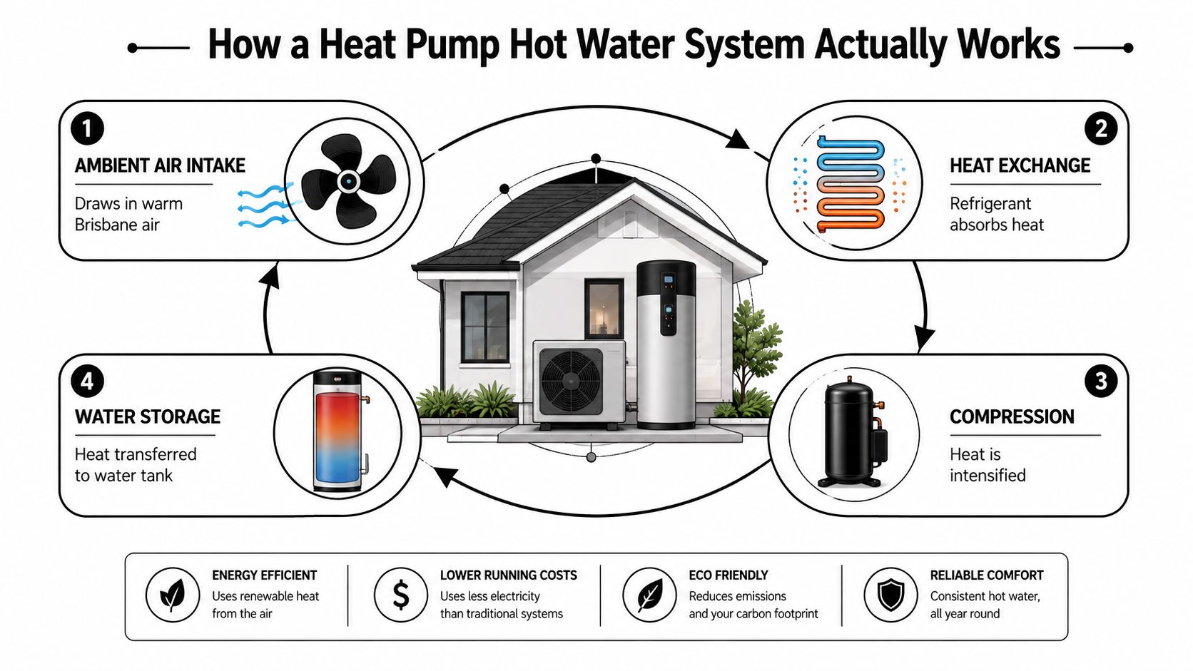 A Diagram Illustrating The Four-Step Process Of How A Heat Pump Hot Water System Works At Home.