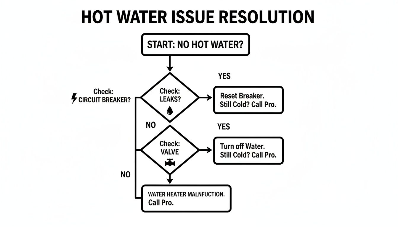 A Hot Water Issue Resolution Flowchart Detailing Steps To Diagnose No Hot Water Problems.