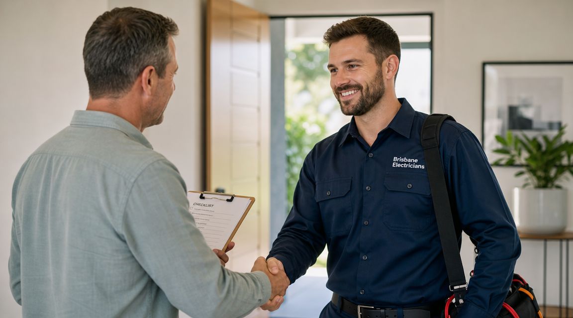 A Professional Brisbane Electrician Shakes Hands With A Homeowner Inside A Modern House While Holding A Checklist.