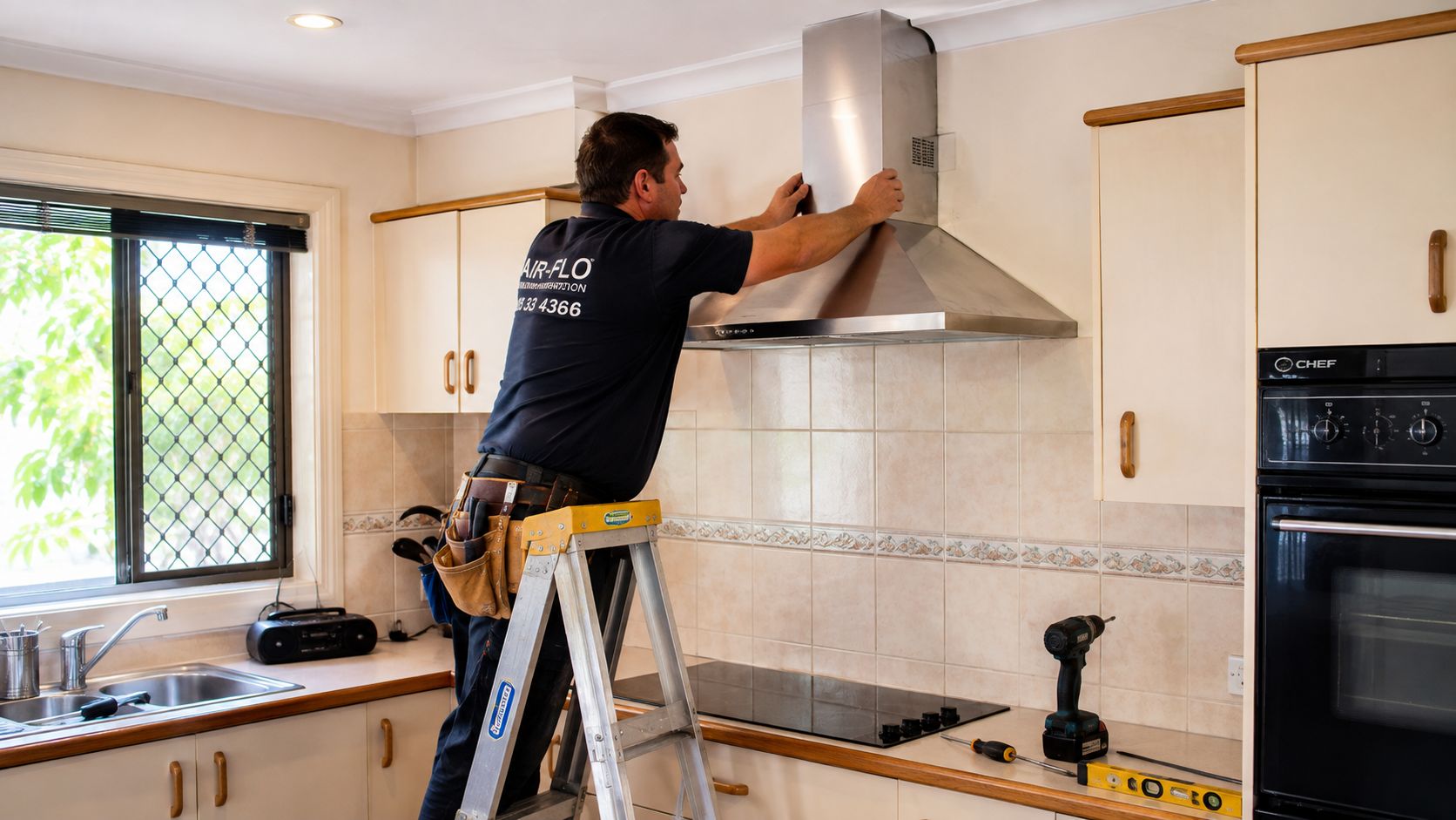 A Professional Technician Installing A Stainless Steel Range Hood In A Kitchen While Standing On A Ladder.